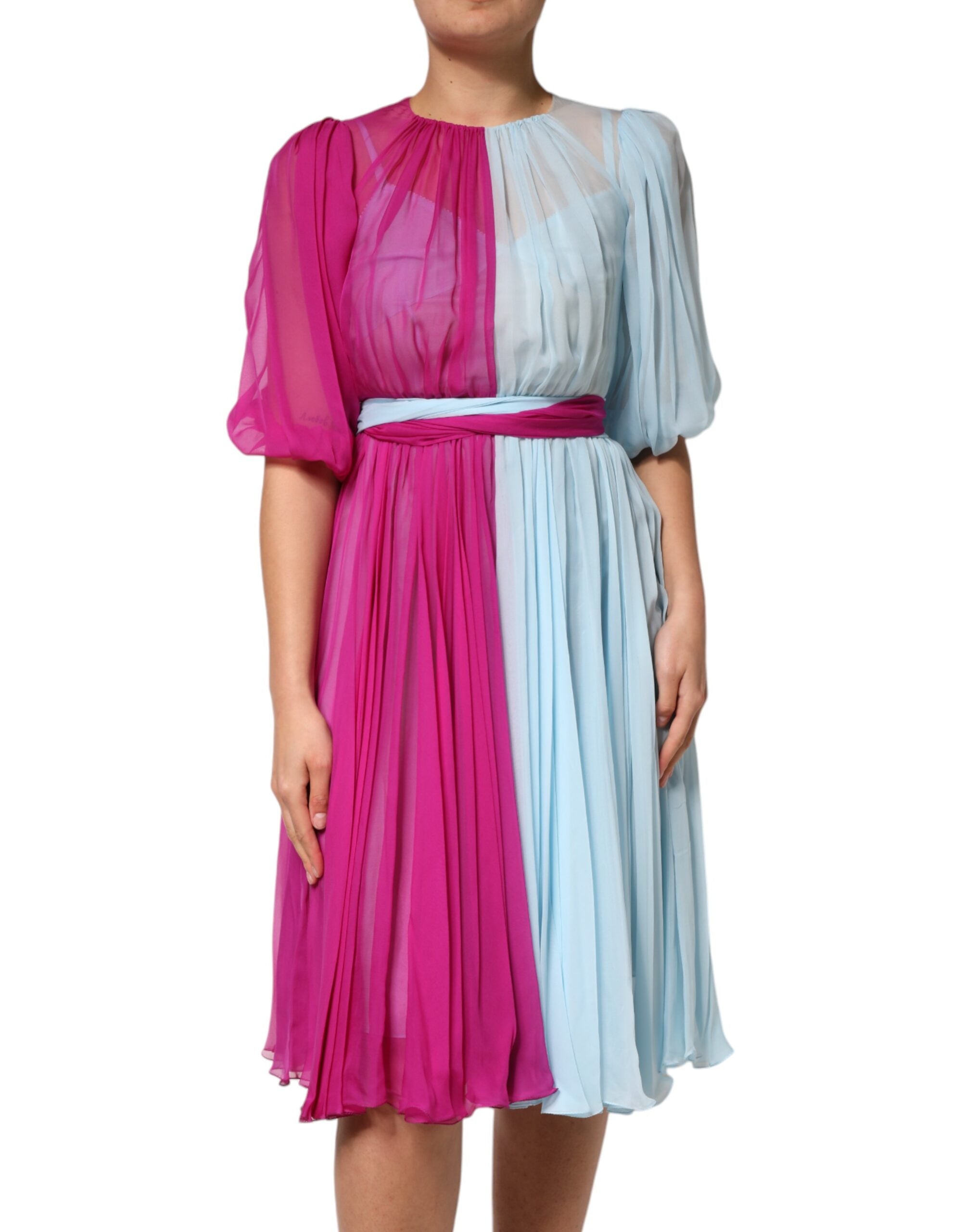 Vestido midi de seda bicolor azul claro fucsia de Dolce & Gabbana-2