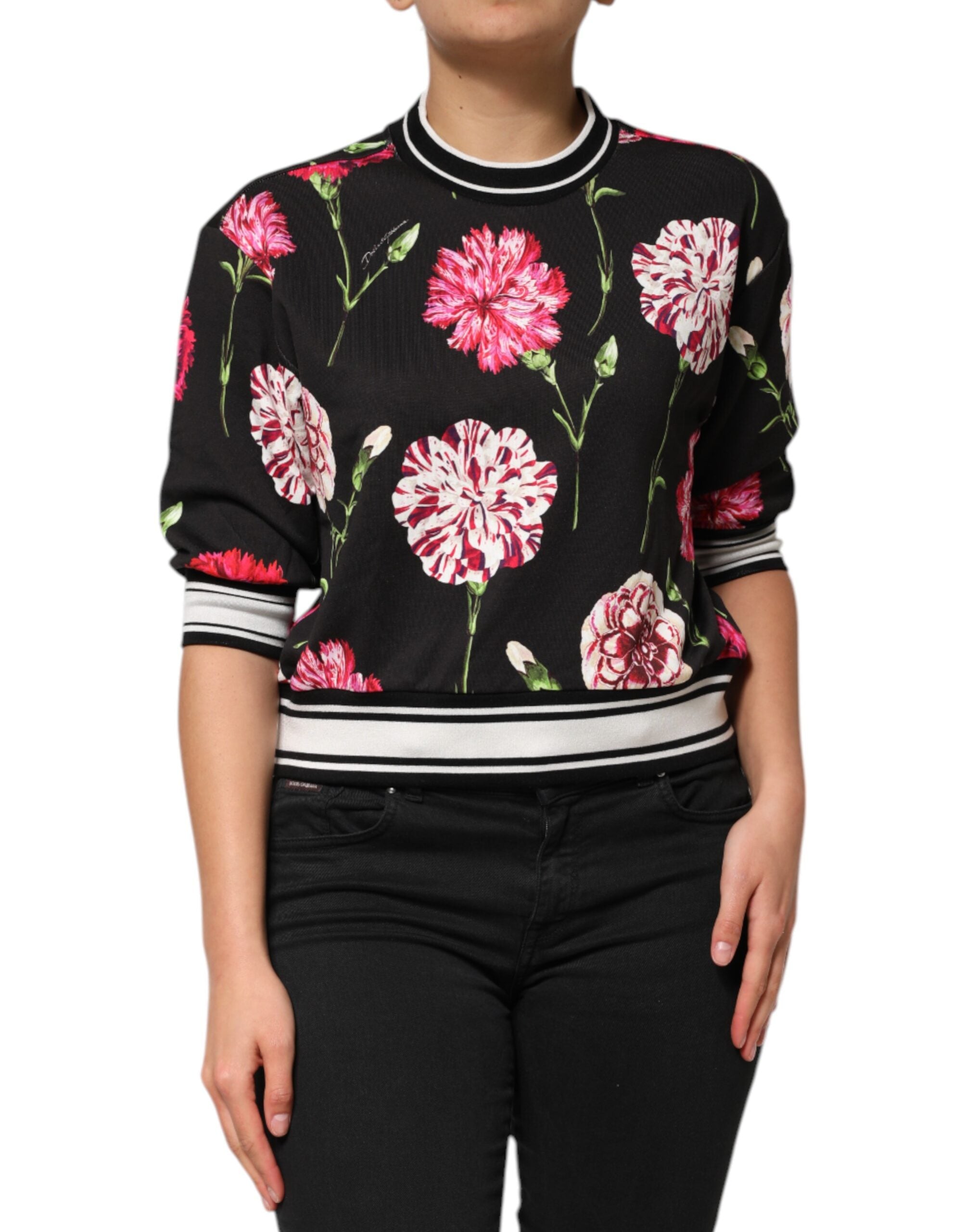 Dolce & Gabbana Top de algodón negro con estampado floral y mangas cortas-2