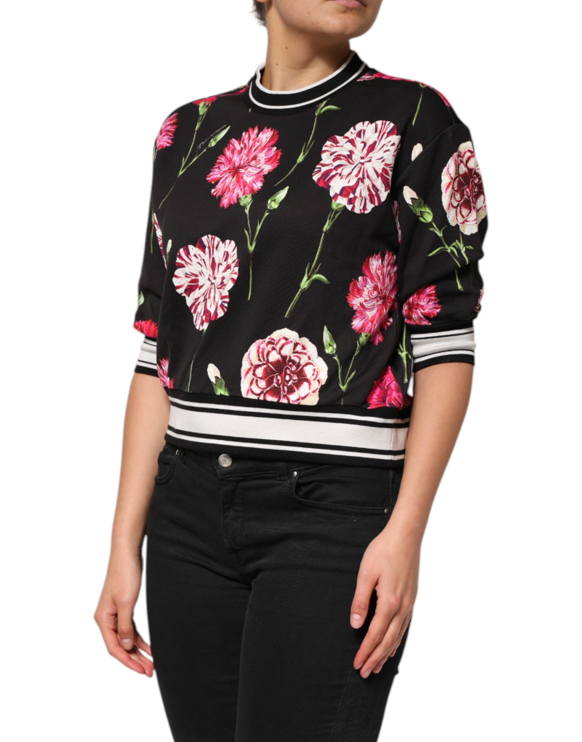 Dolce & Gabbana Top de algodón negro con estampado floral y mangas cortas-3