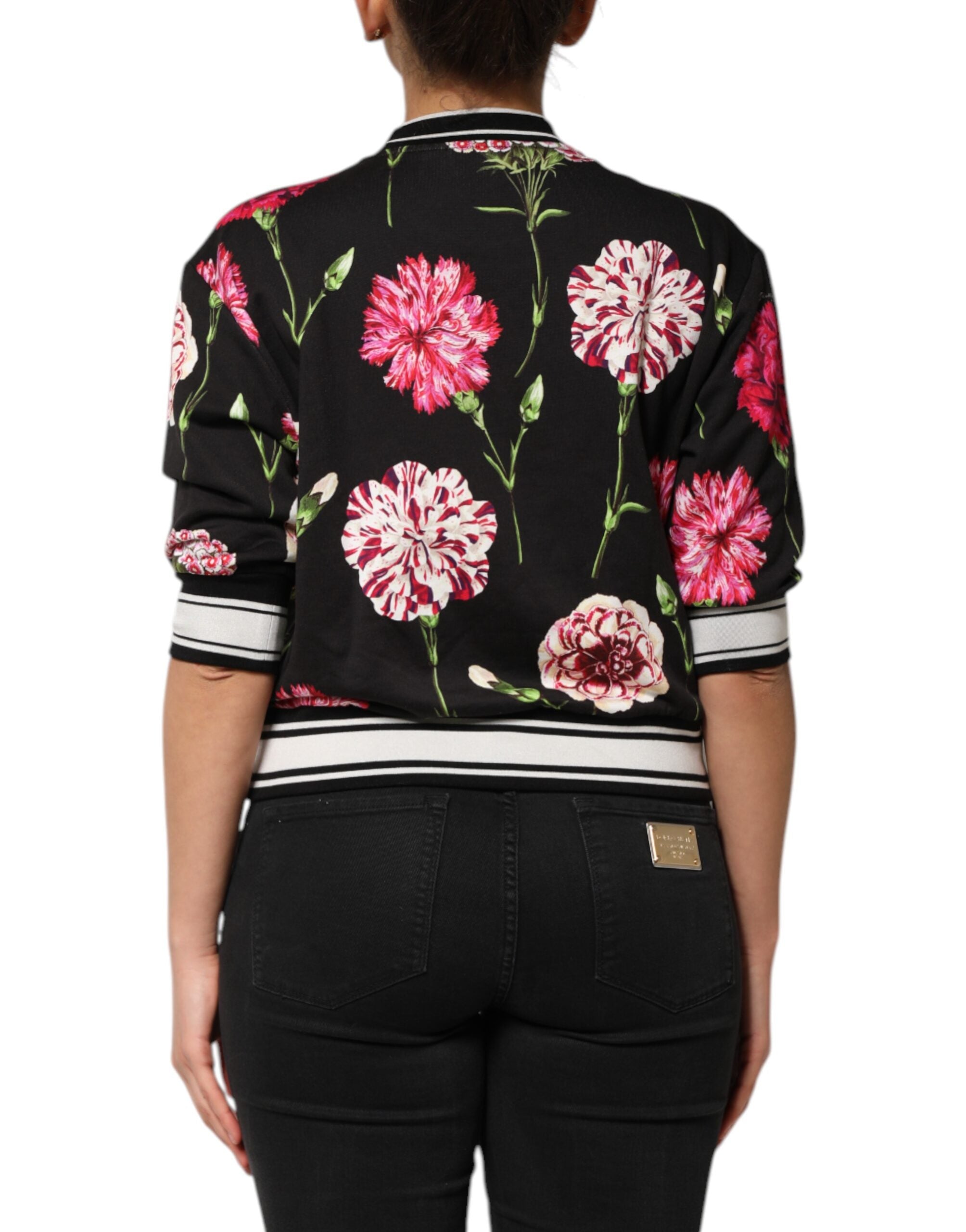 Dolce & Gabbana Top de algodón negro con estampado floral y mangas cortas-4