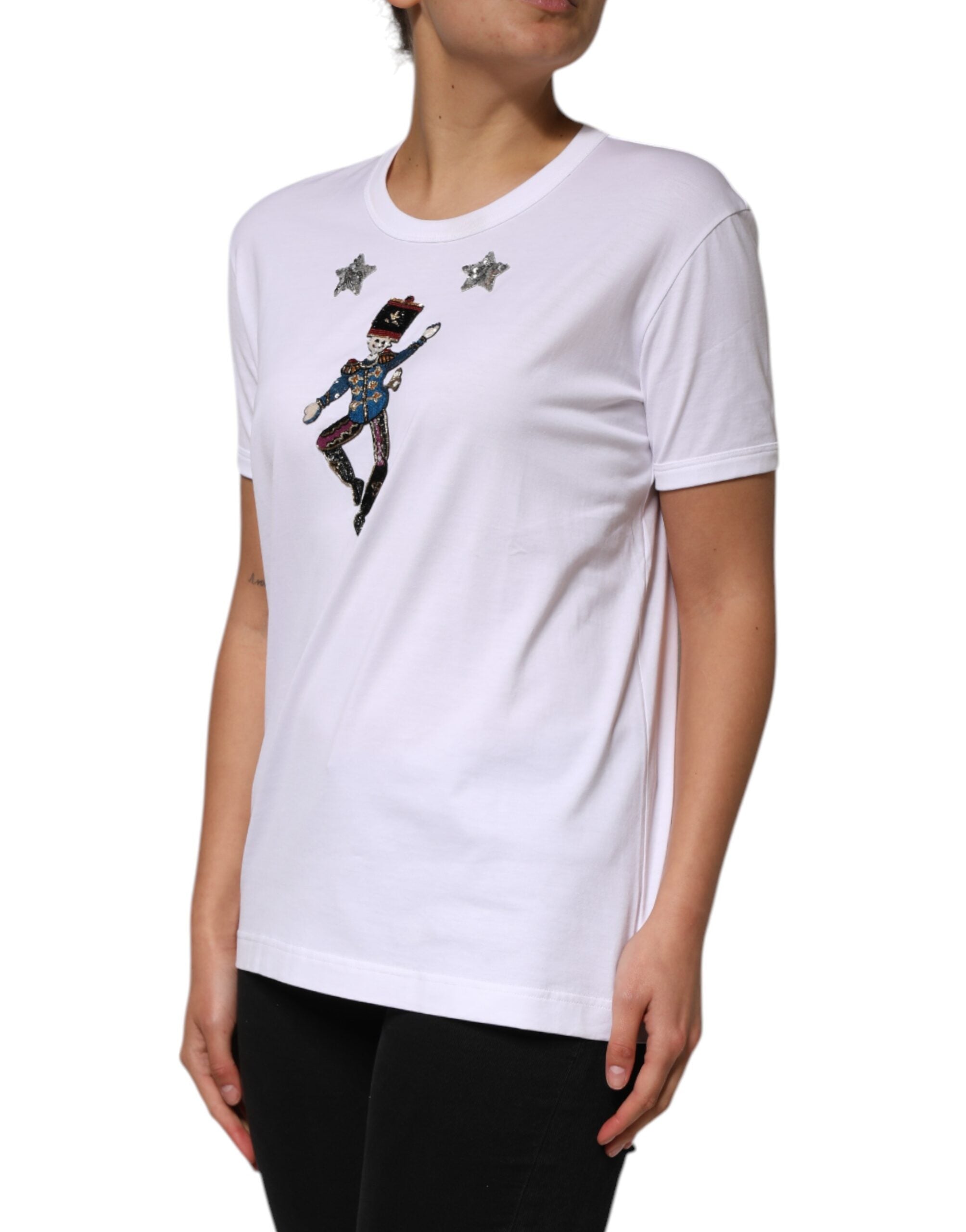 Dolce & Gabbana Weißes Baumwoll-T-Shirt mit Paillettenverzierung-3