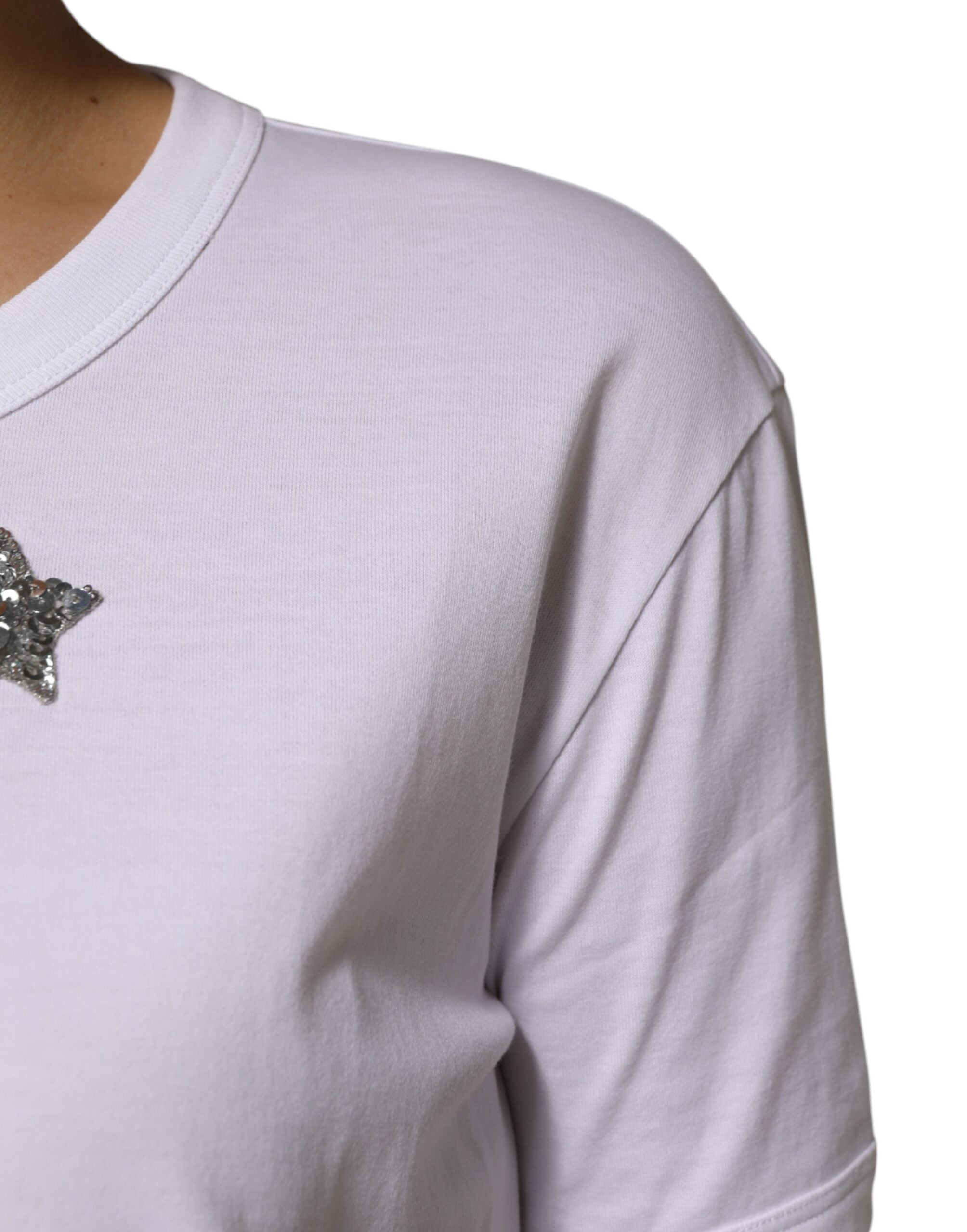 Dolce & Gabbana Weißes Baumwoll-T-Shirt mit Paillettenverzierung-5