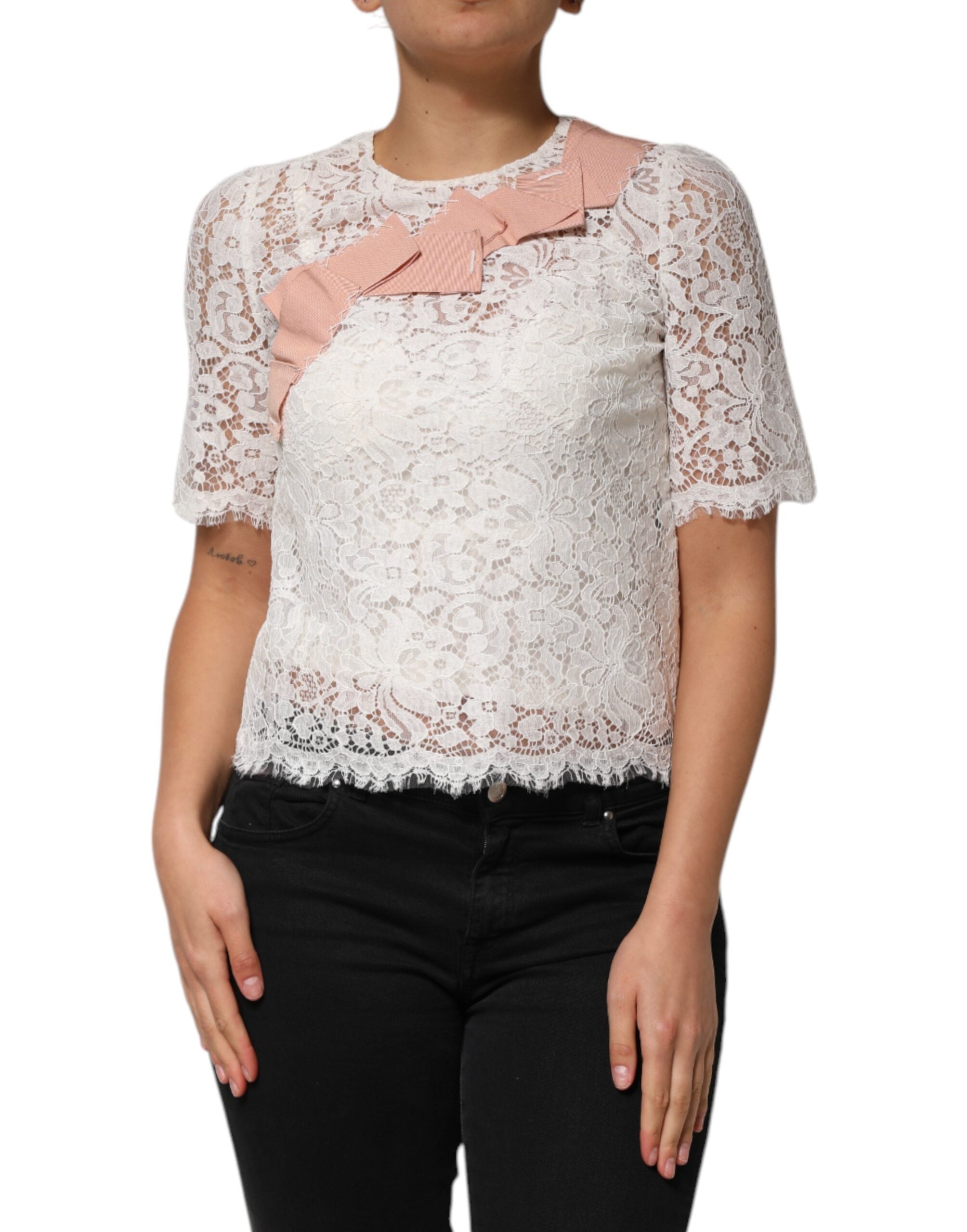 Dolce & Gabbana white blouse top with floral lace and short sleeves-2