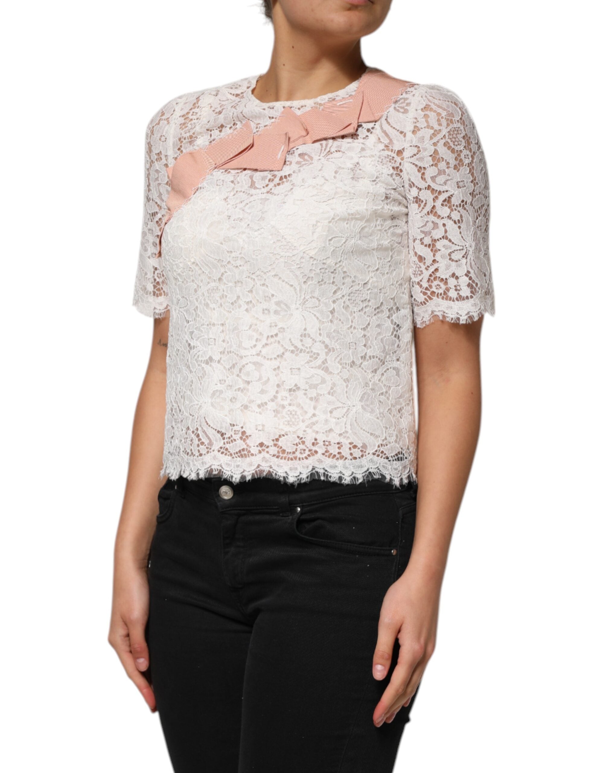 Dolce & Gabbana white blouse top with floral lace and short sleeves-3