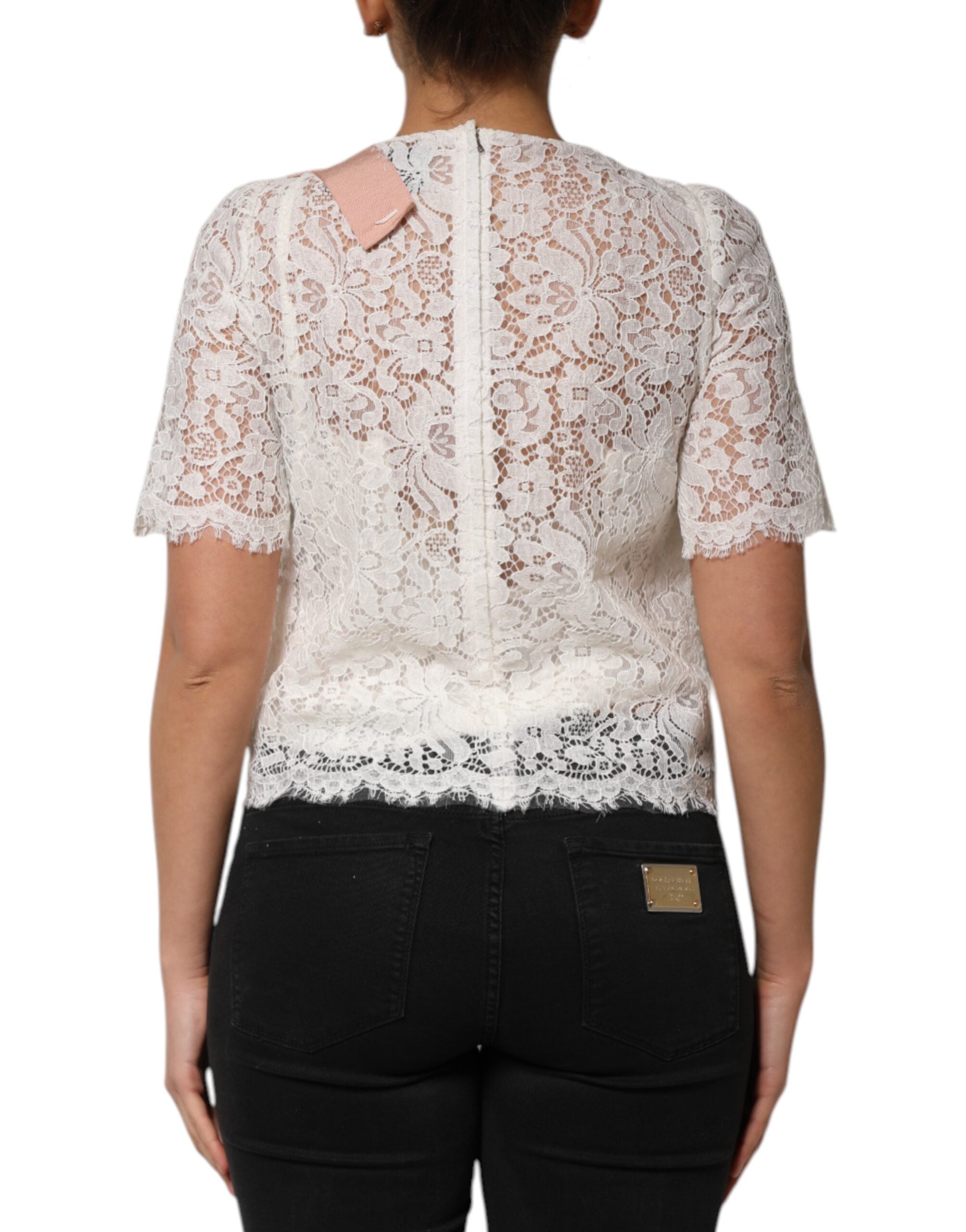 Dolce & Gabbana white blouse top with floral lace and short sleeves-4