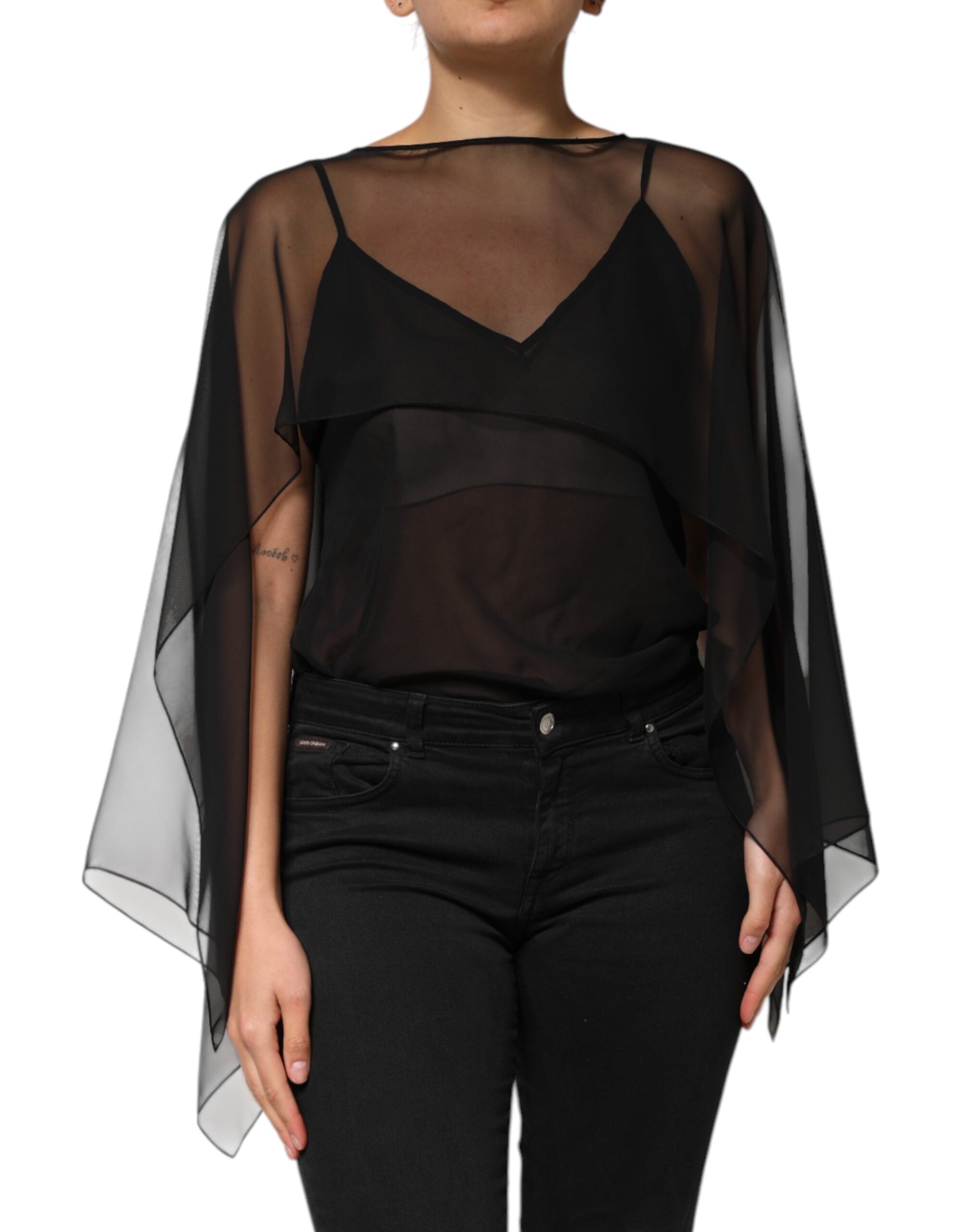 Dolce & Gabbana Black See-Through Silk Chiffon Lace Blouse Top-1