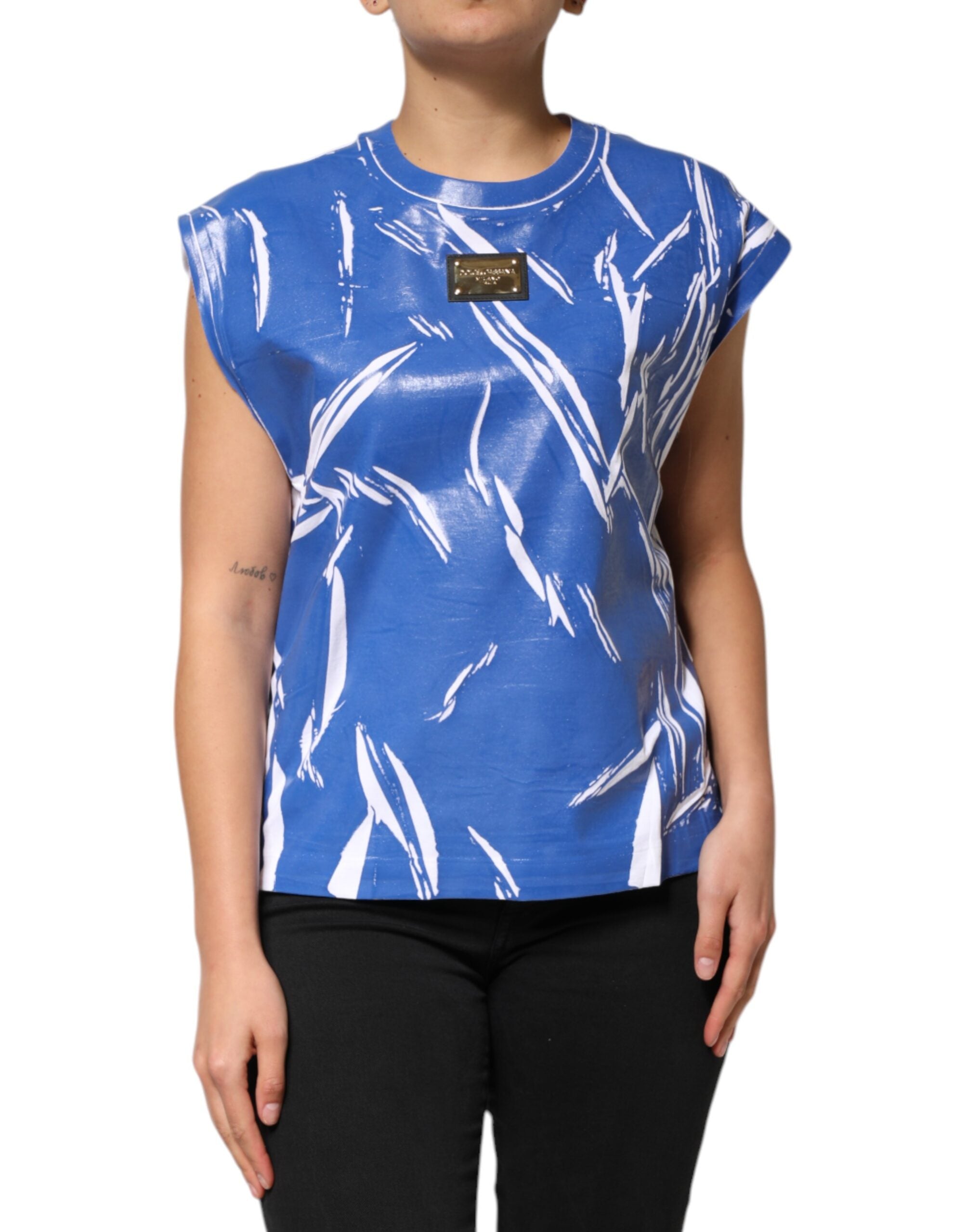 Camiseta sin mangas Dolce & Gabbana de algodón azul y blanco con placa del logotipo para mujer-2