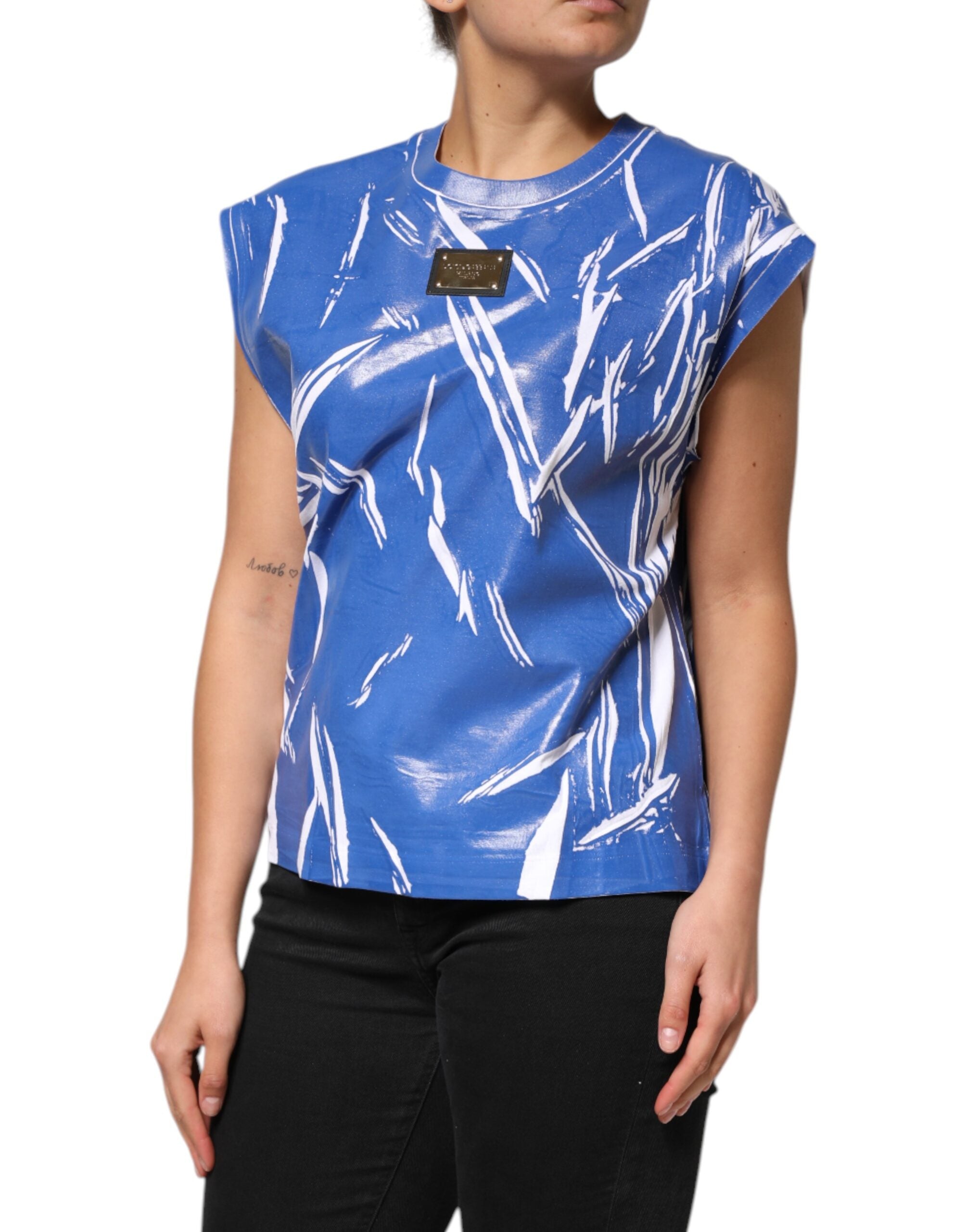 Camiseta sin mangas Dolce & Gabbana de algodón azul y blanco con placa del logotipo para mujer-3