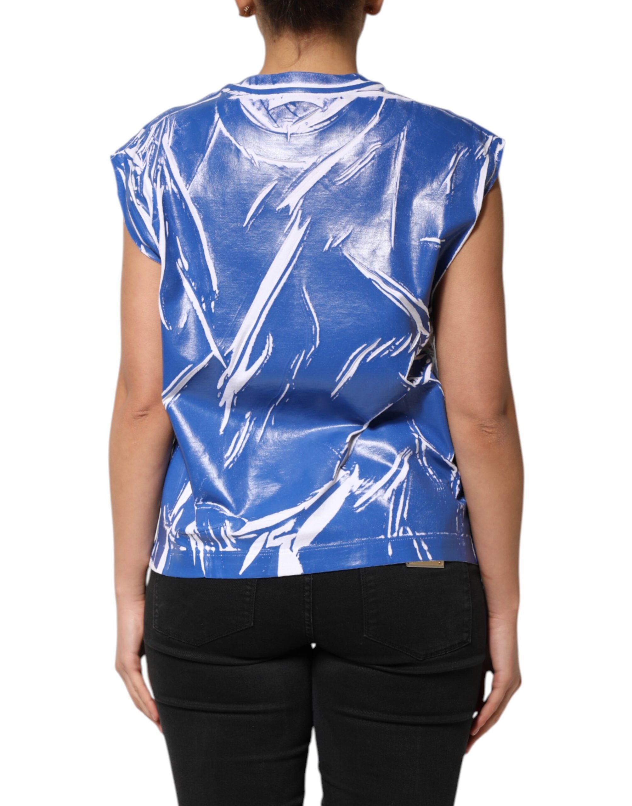 Camiseta sin mangas Dolce & Gabbana de algodón azul y blanco con placa del logotipo para mujer-4