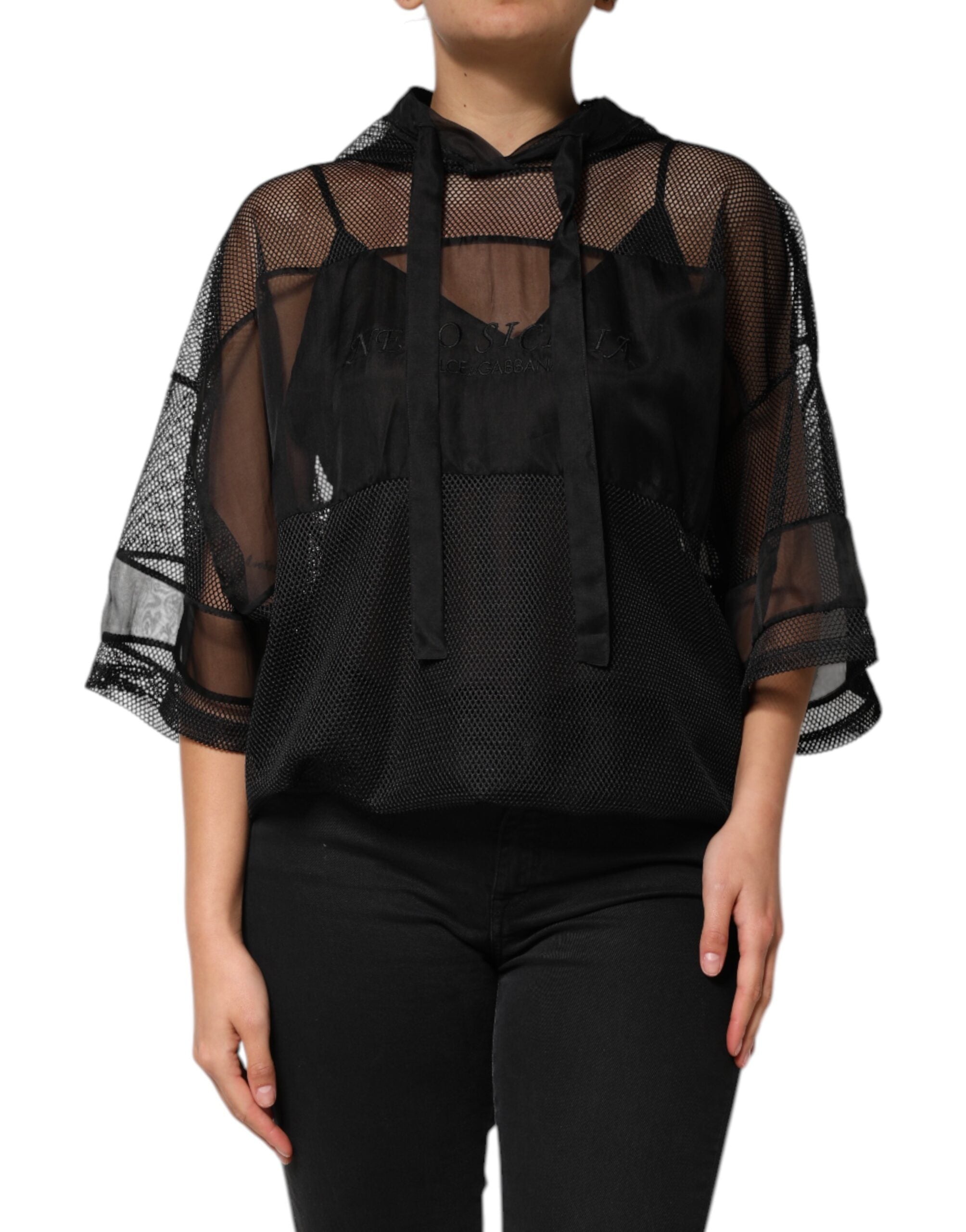 Dolce & Gabbana Schwarzer Pullover mit durchsichtiger Kapuze-2