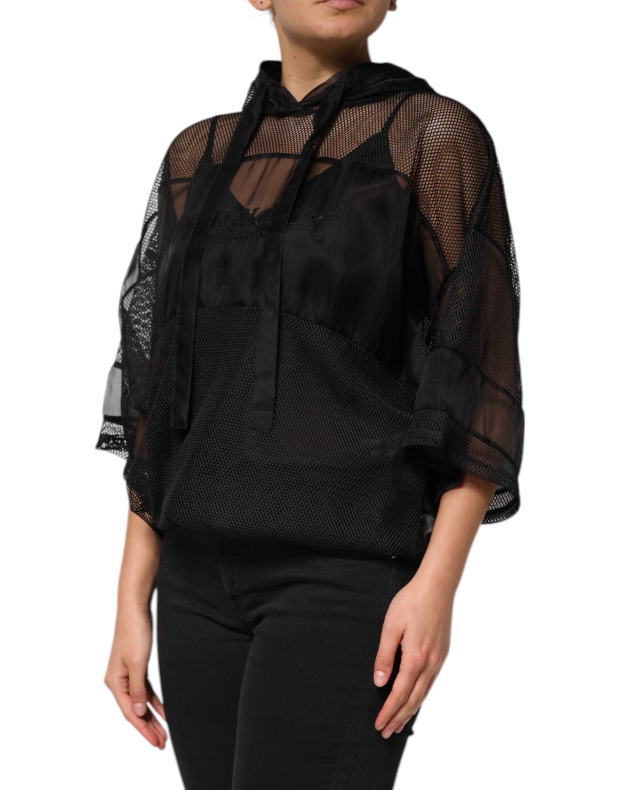 Dolce & Gabbana Schwarzer Pullover mit durchsichtiger Kapuze-3