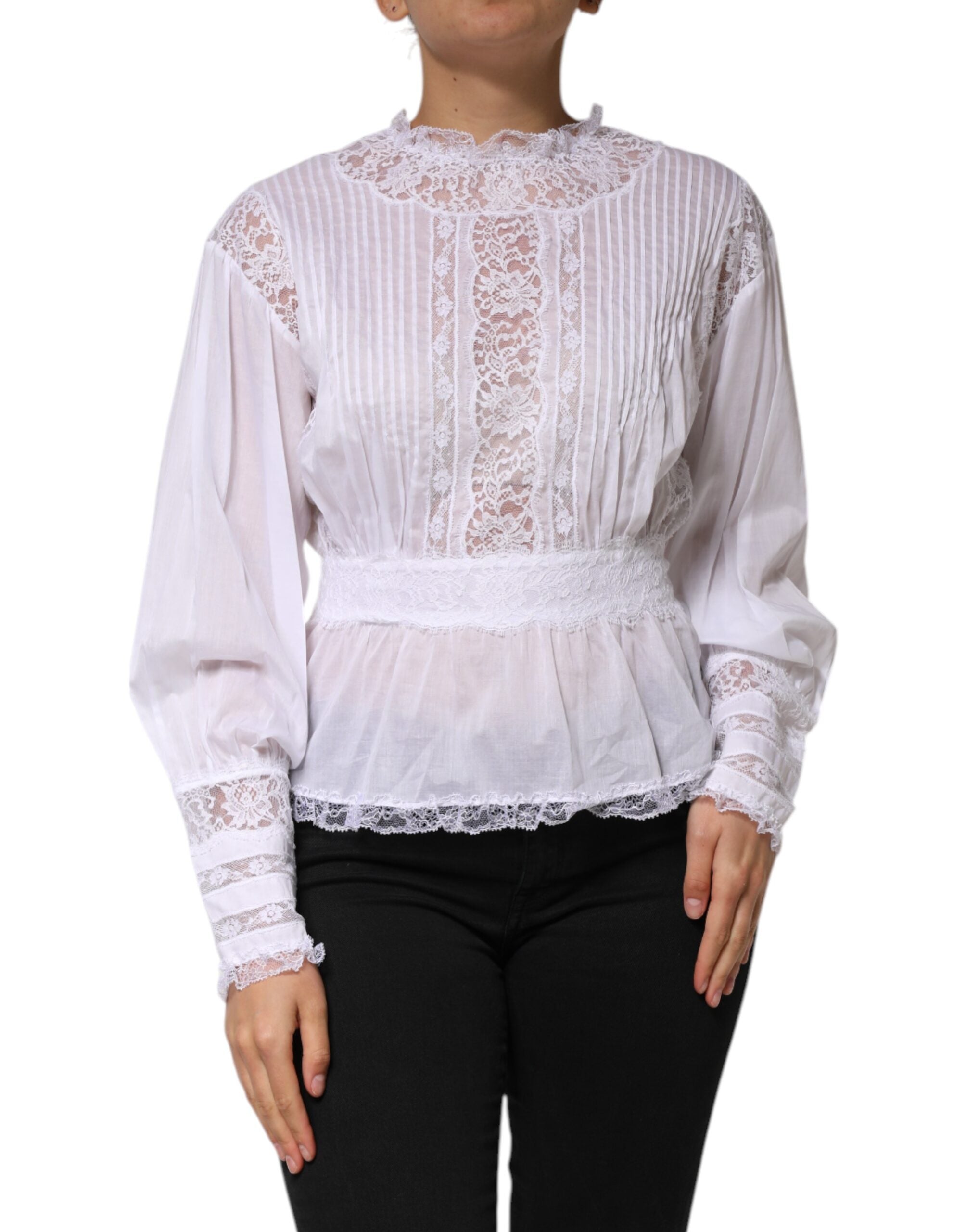 Top Dolce & Gabbana de algodón blanco con encaje floral y mangas largas-1