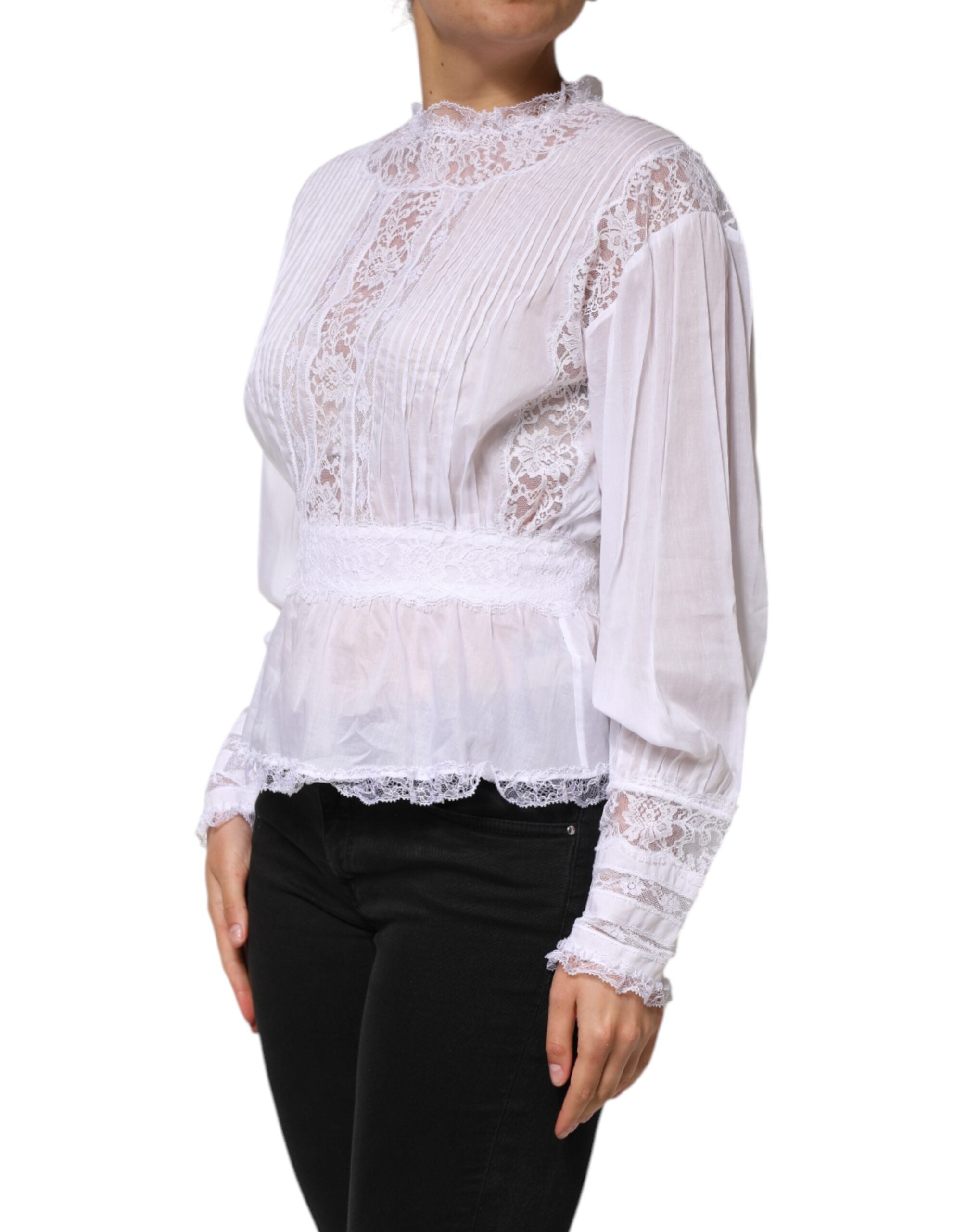 Top Dolce & Gabbana de algodón blanco con encaje floral y mangas largas-3