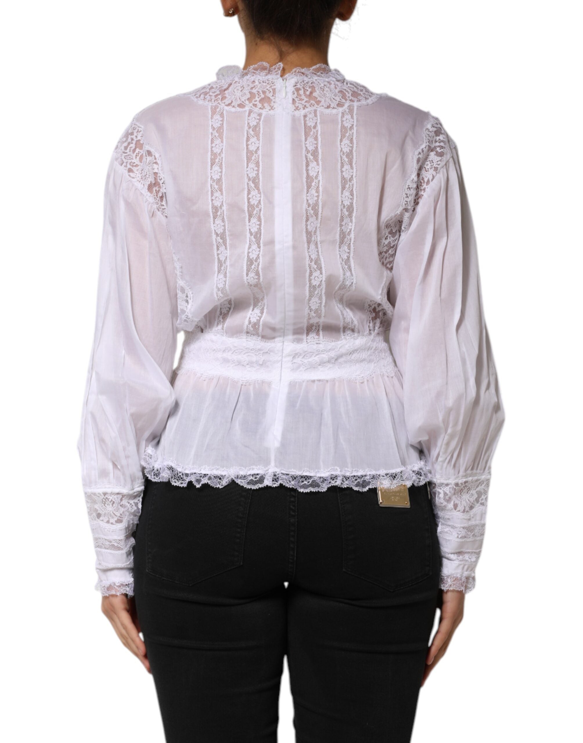 Top Dolce & Gabbana de algodón blanco con encaje floral y mangas largas-4