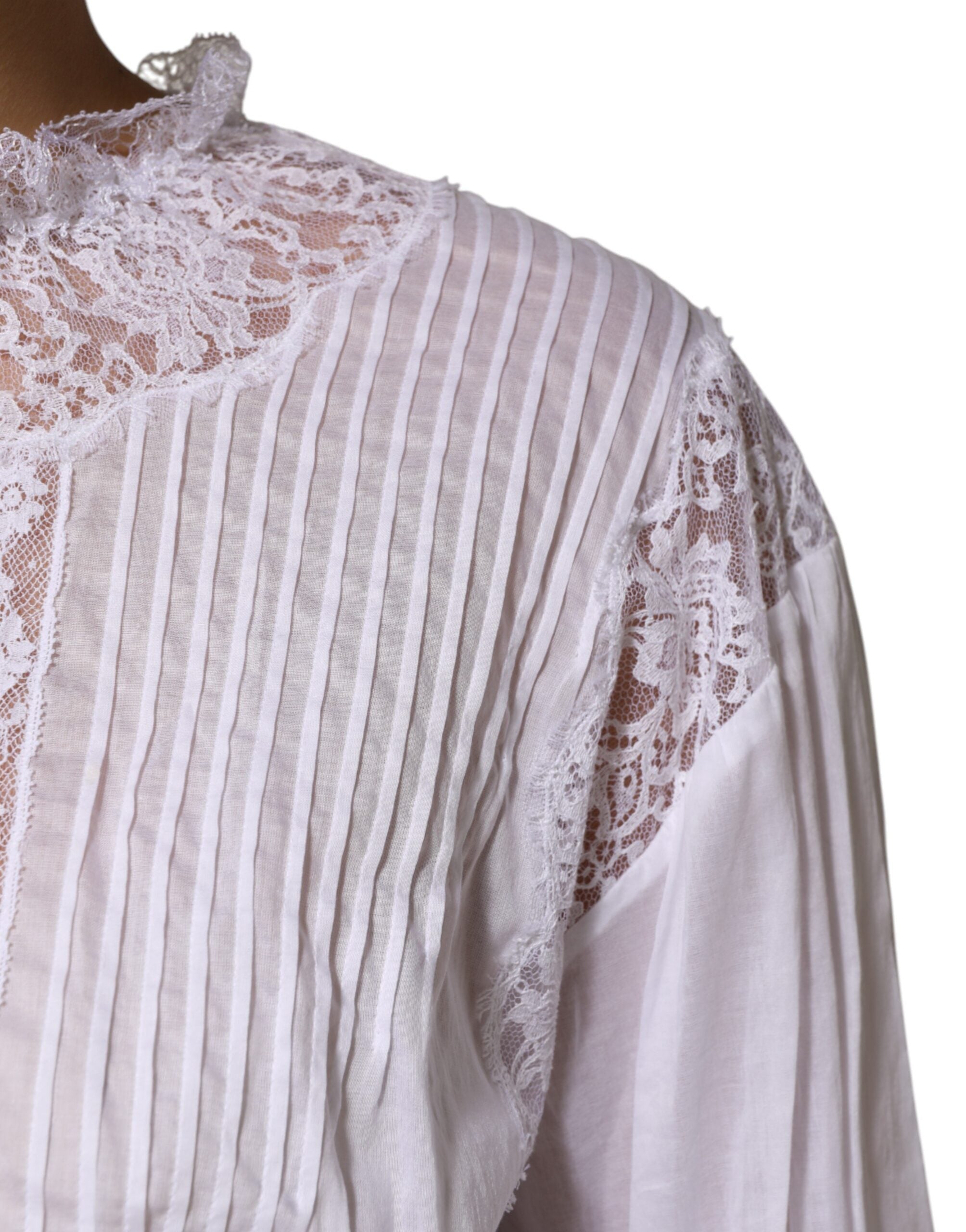 Top Dolce & Gabbana de algodón blanco con encaje floral y mangas largas-5