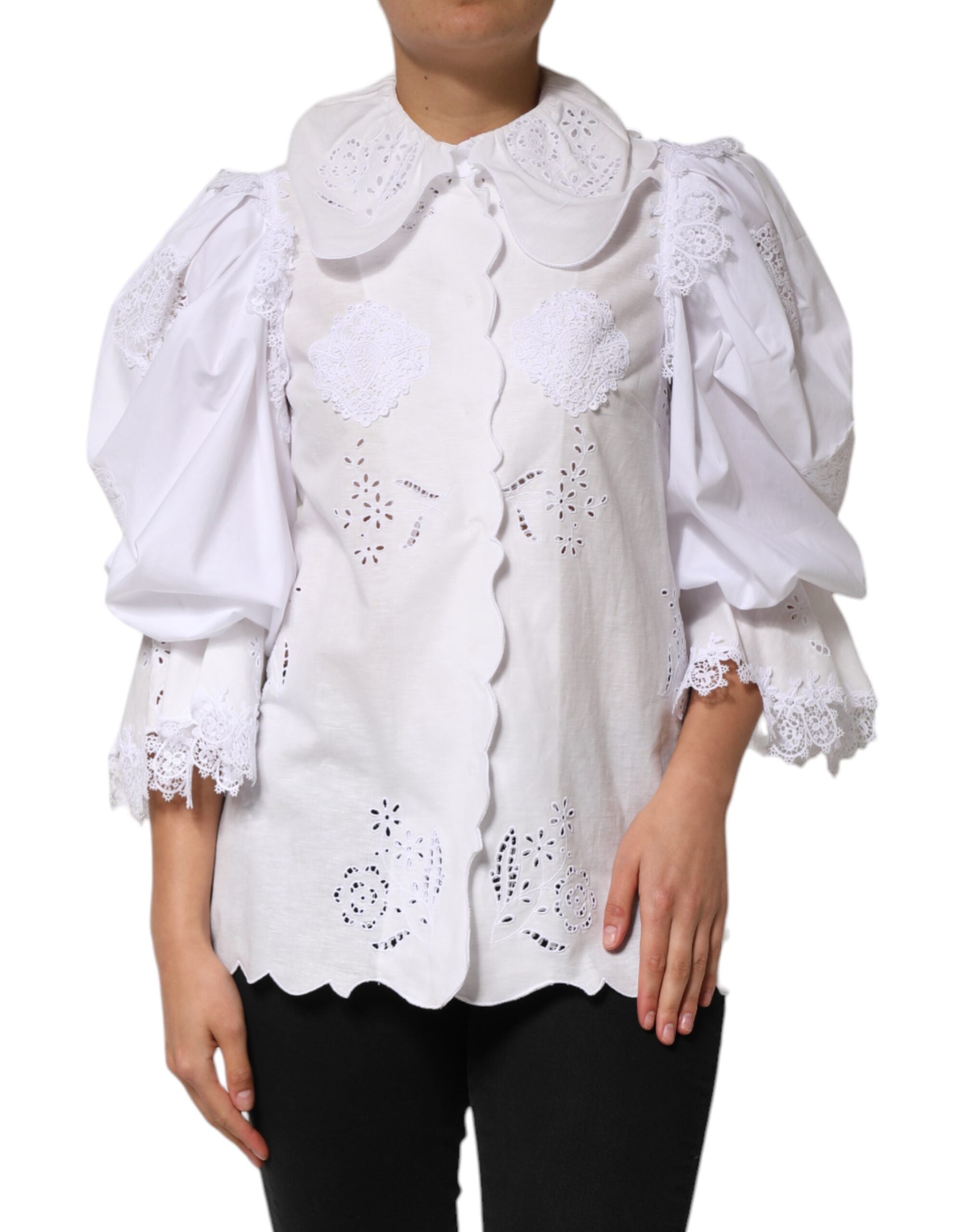 Blusa blanca Dolce & Gabbana con volantes y ribete de encaje-1