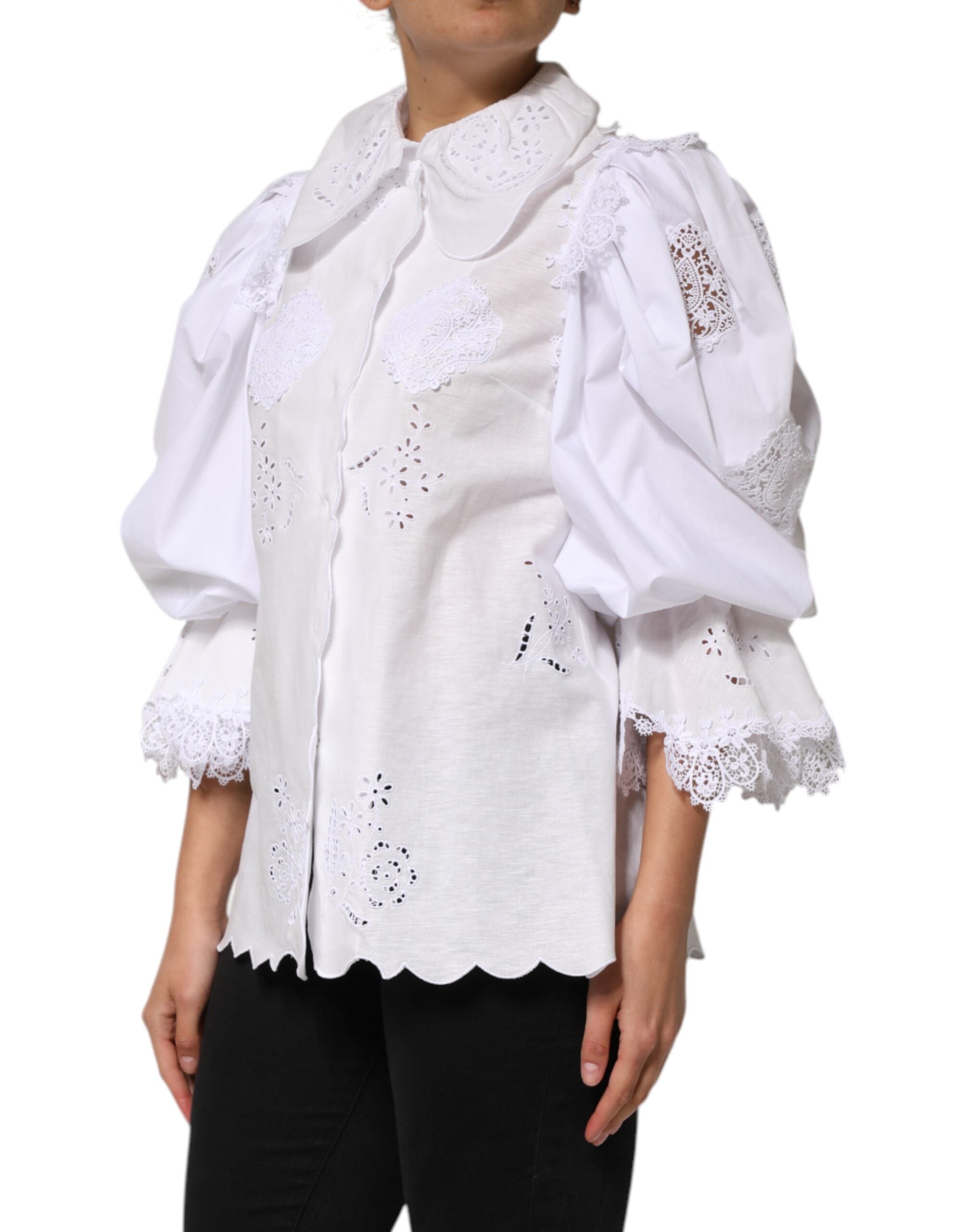Blusa blanca Dolce & Gabbana con volantes y ribete de encaje-3