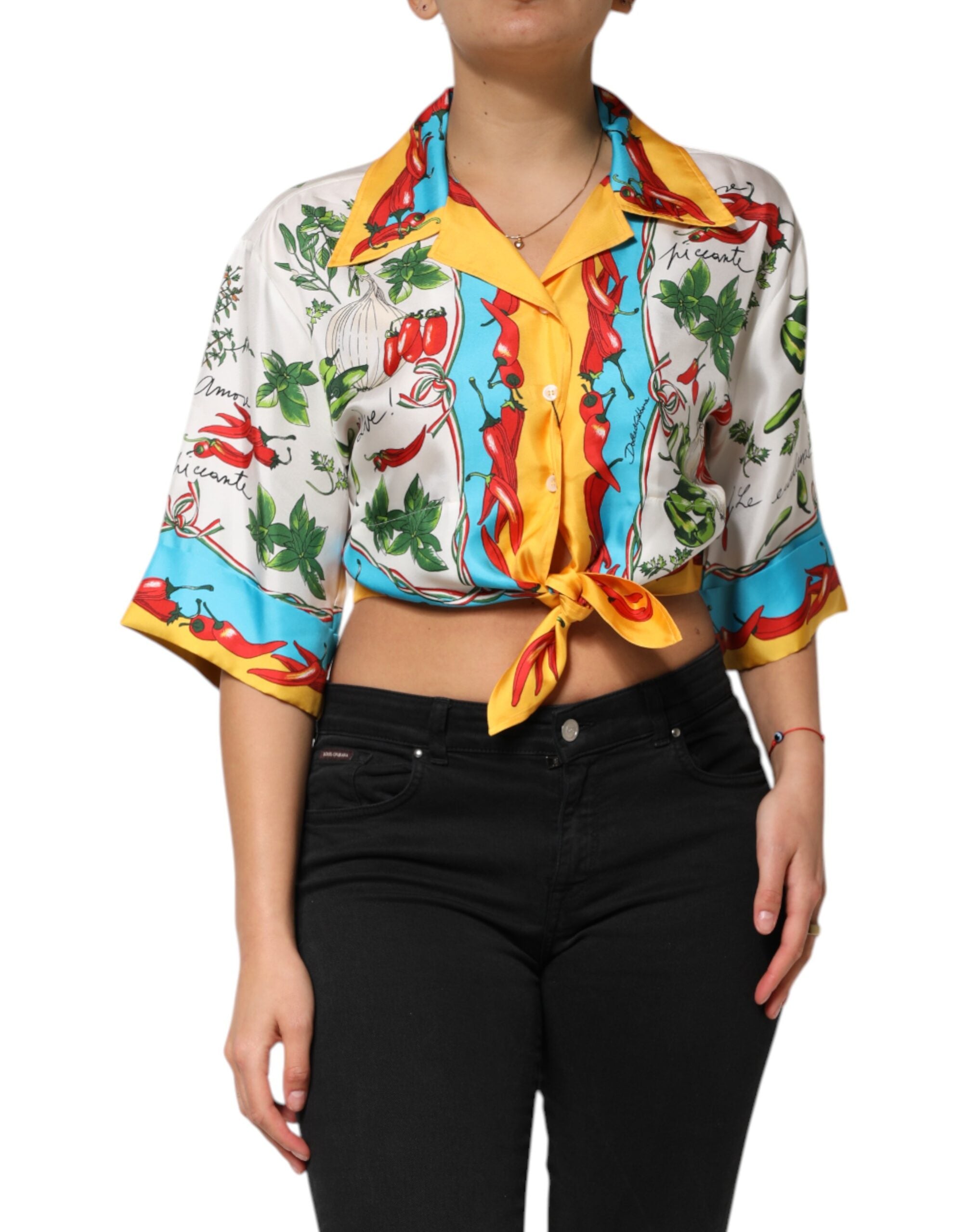 Dolce & Gabbana Multicolor Chili Silk Cropped Blouse Top-1