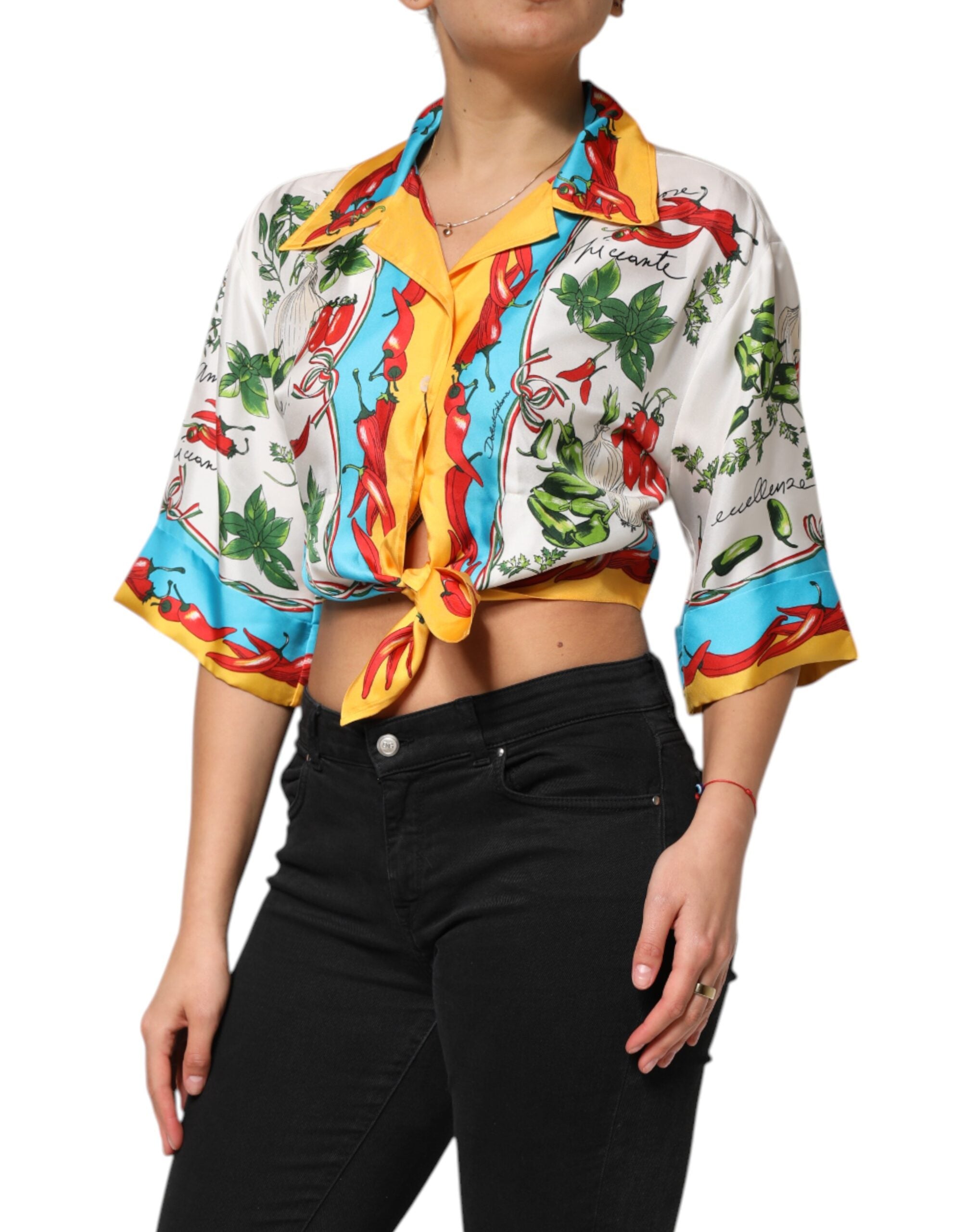 Dolce & Gabbana Multicolor Chili Silk Cropped Blouse Top-3