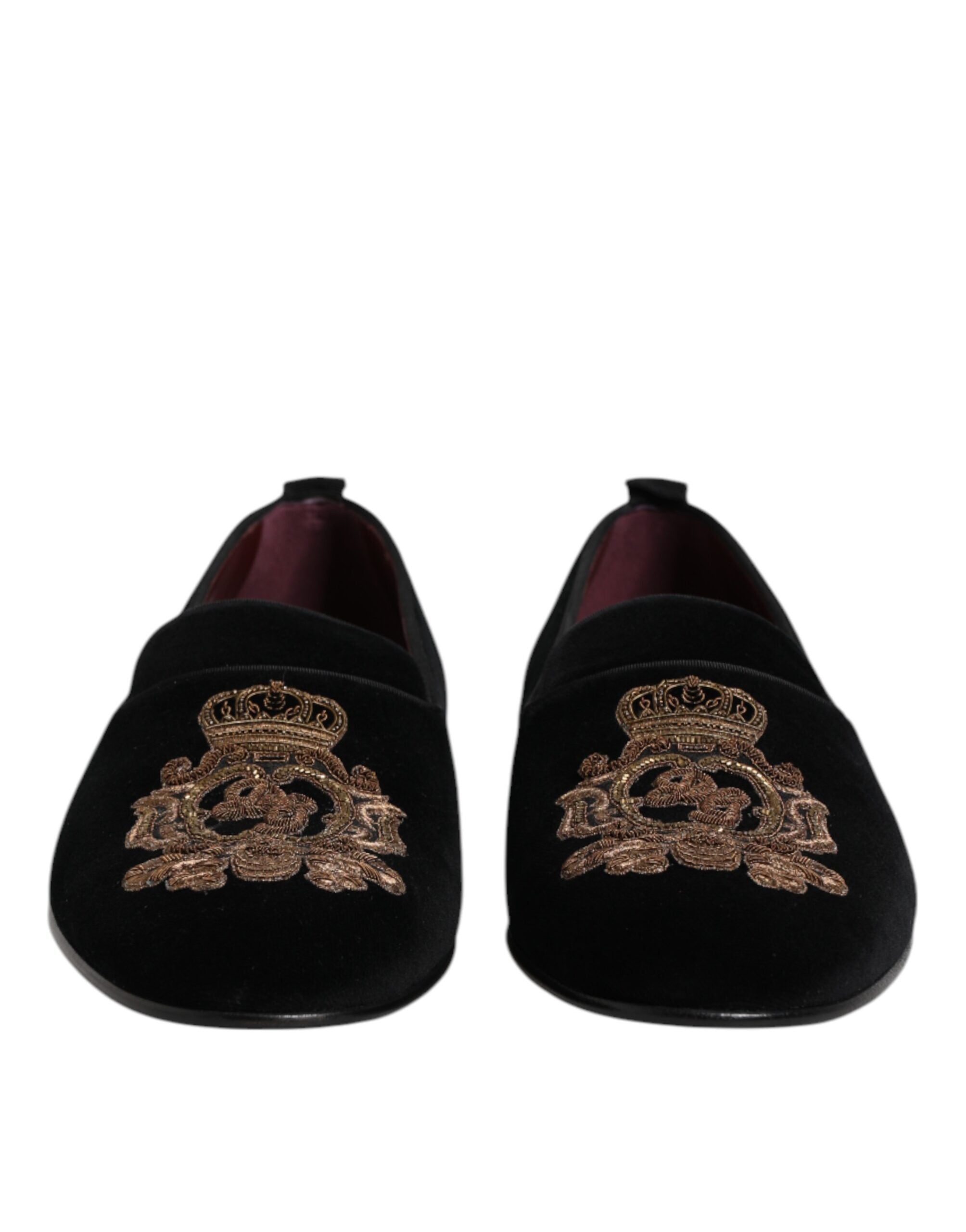 Dolce & Gabbana Black Velvet Gold Crown Men's Loafers Shoes-2