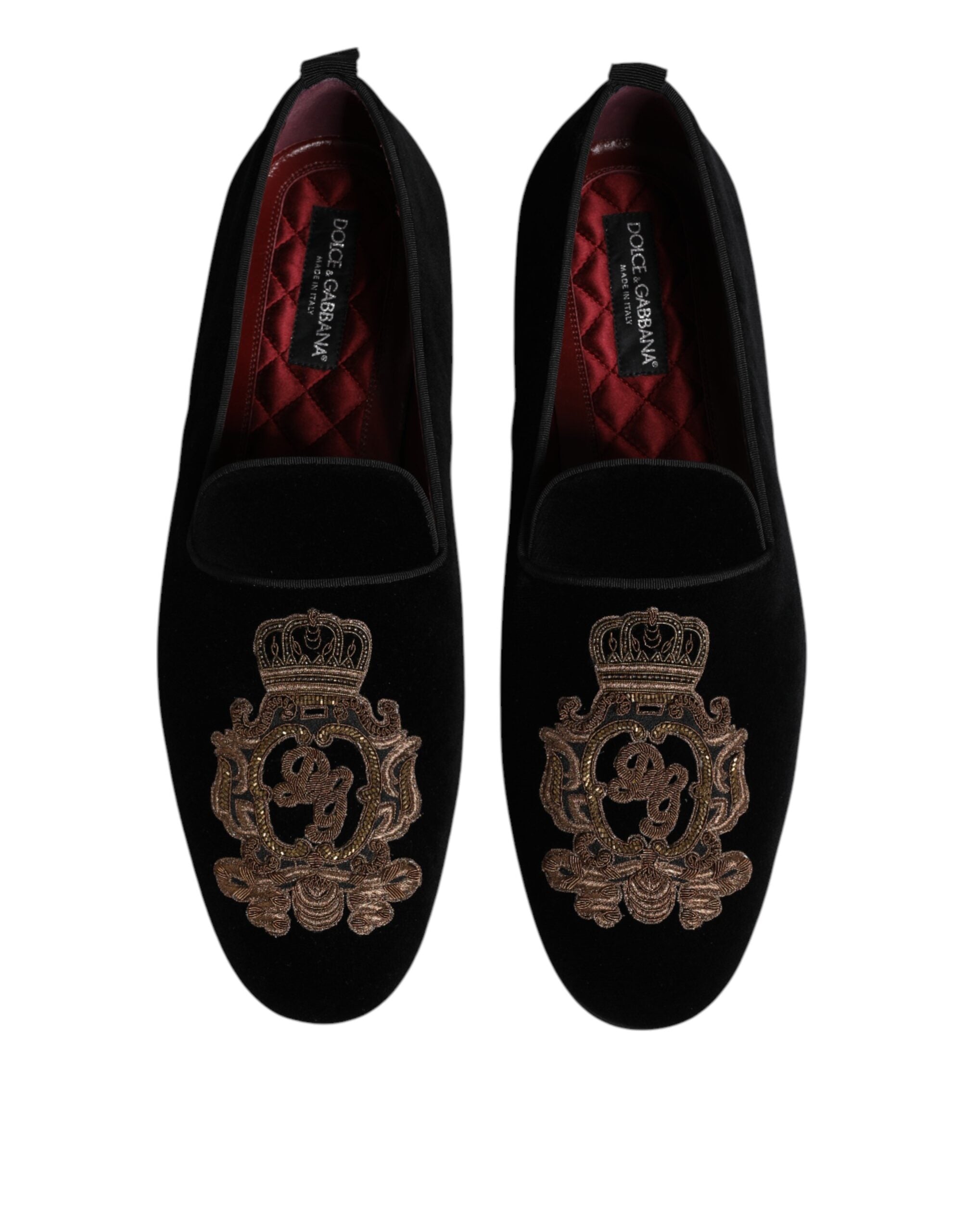 Dolce & Gabbana Black Velvet Gold Crown Men's Loafers Shoes-3