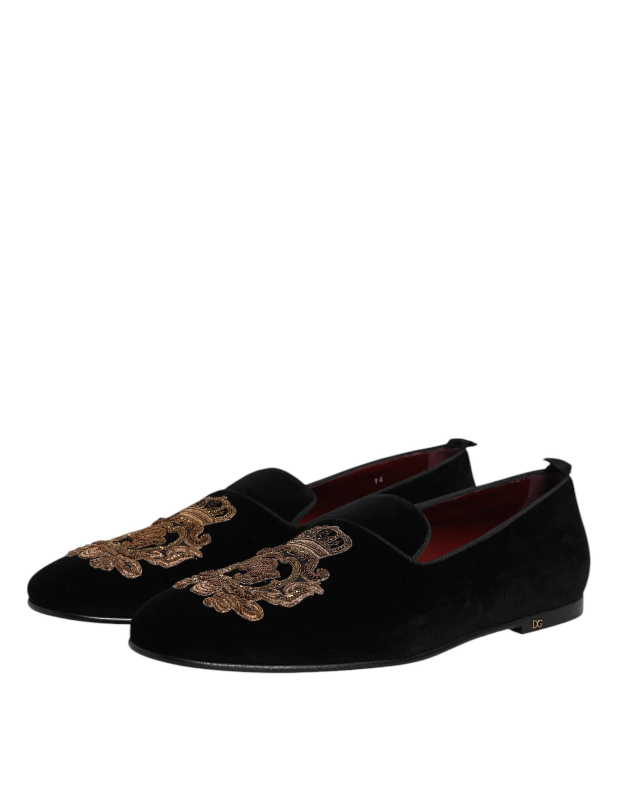 Dolce & Gabbana Black Velvet Gold Crown Men's Loafers Shoes-4