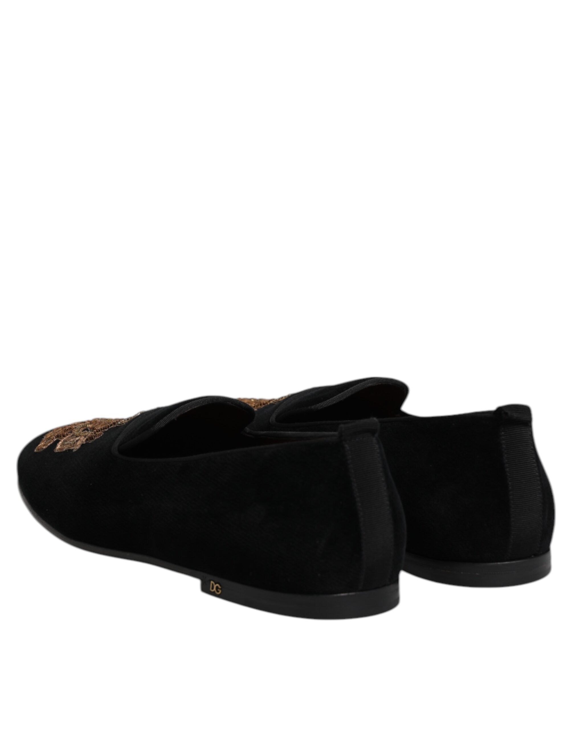 Dolce & Gabbana Black Velvet Gold Crown Men's Loafers Shoes-5