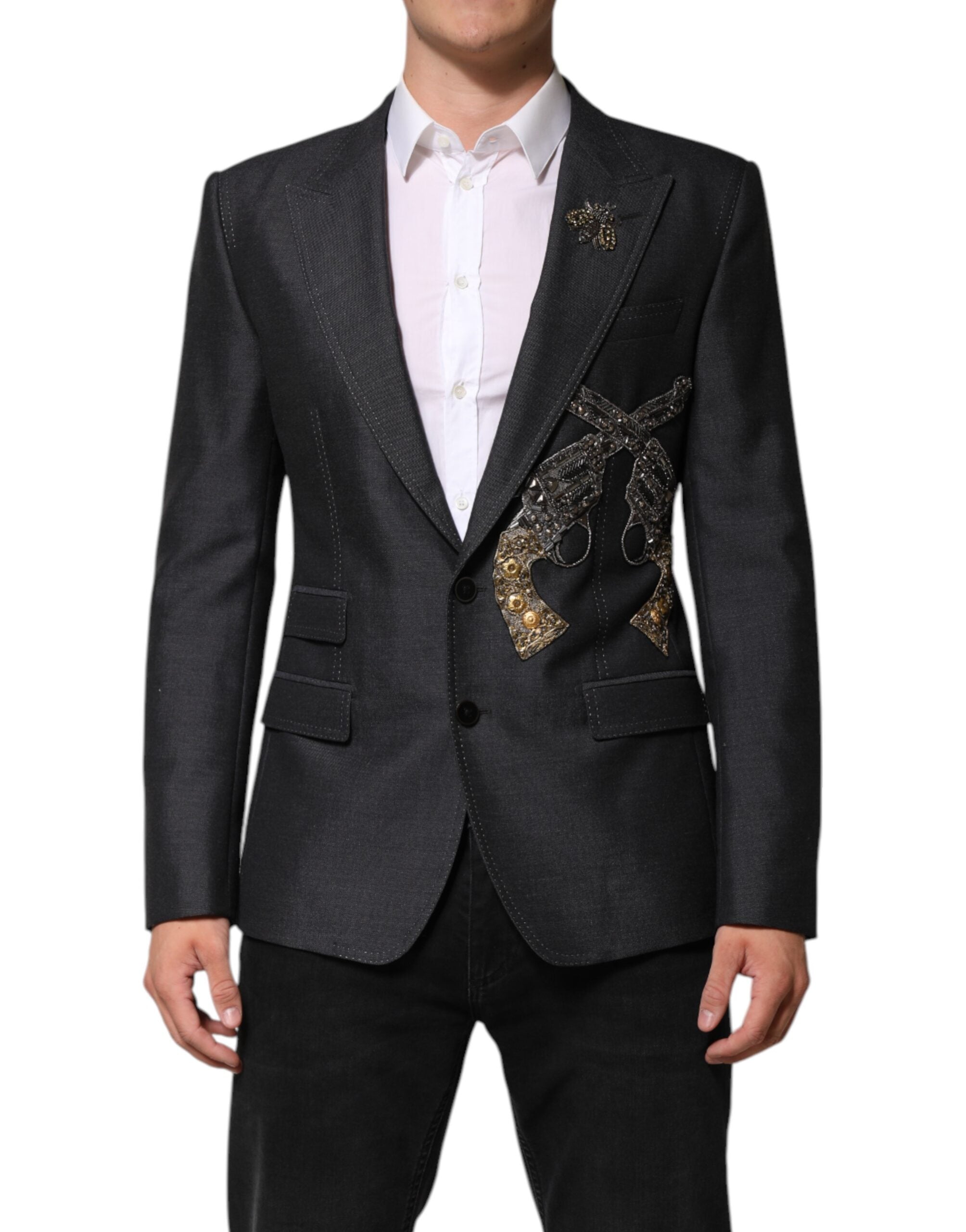 Dolce & Gabbana Dunkelgrauer Wollmantel mit Bienenstickerei Blazer-2