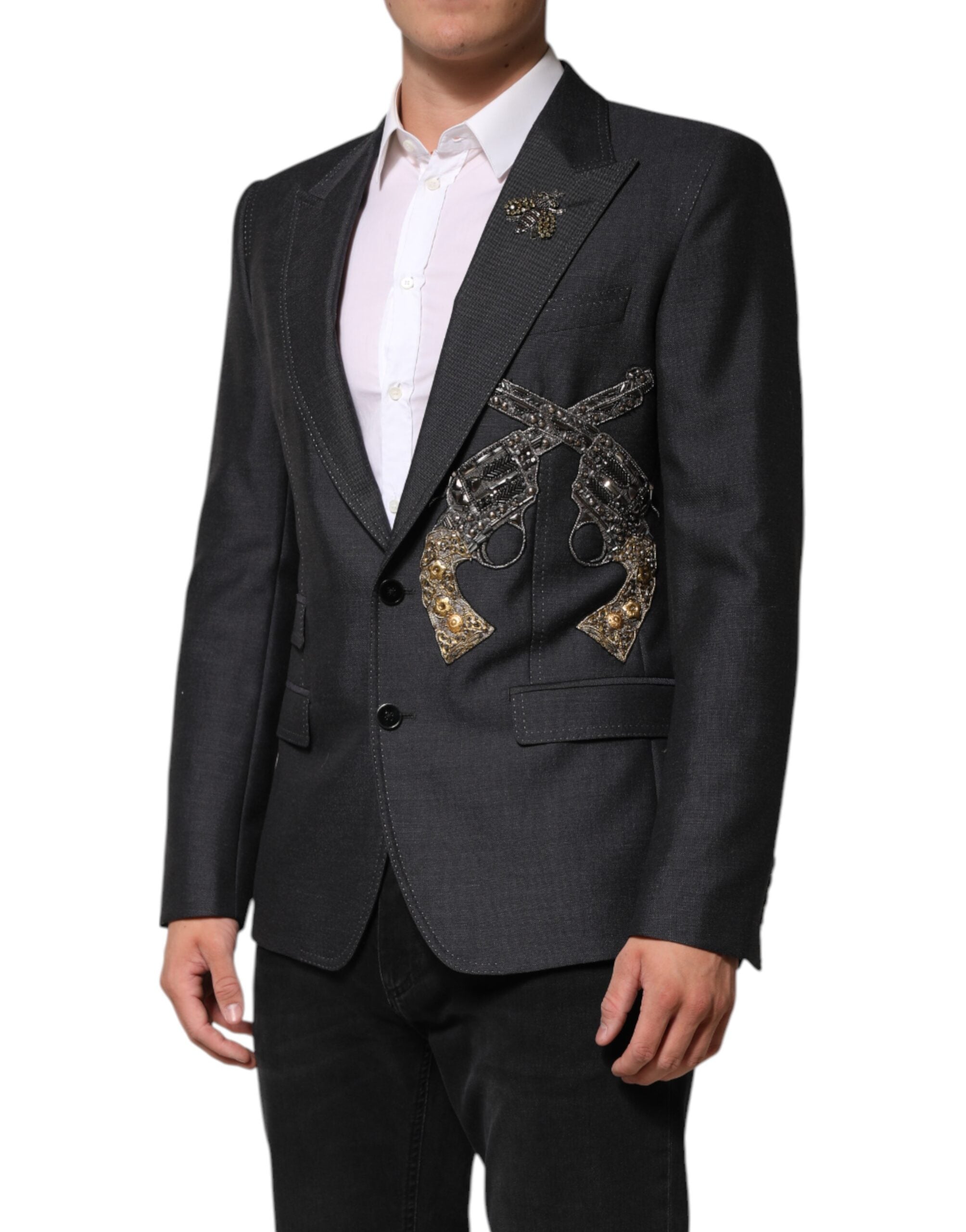 Dolce & Gabbana Dunkelgrauer Wollmantel mit Bienenstickerei Blazer-3