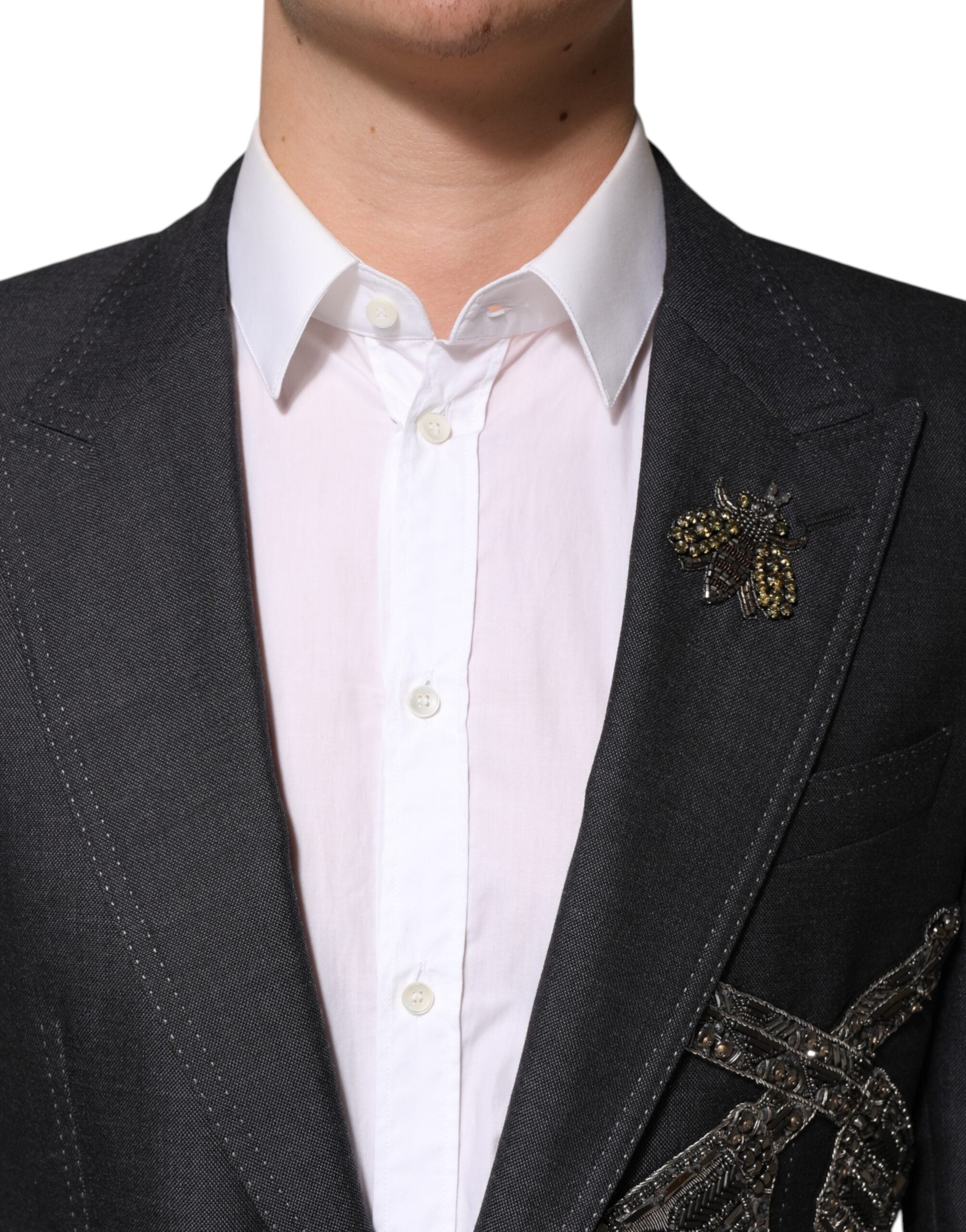 Dolce & Gabbana Dunkelgrauer Wollmantel mit Bienenstickerei Blazer-5