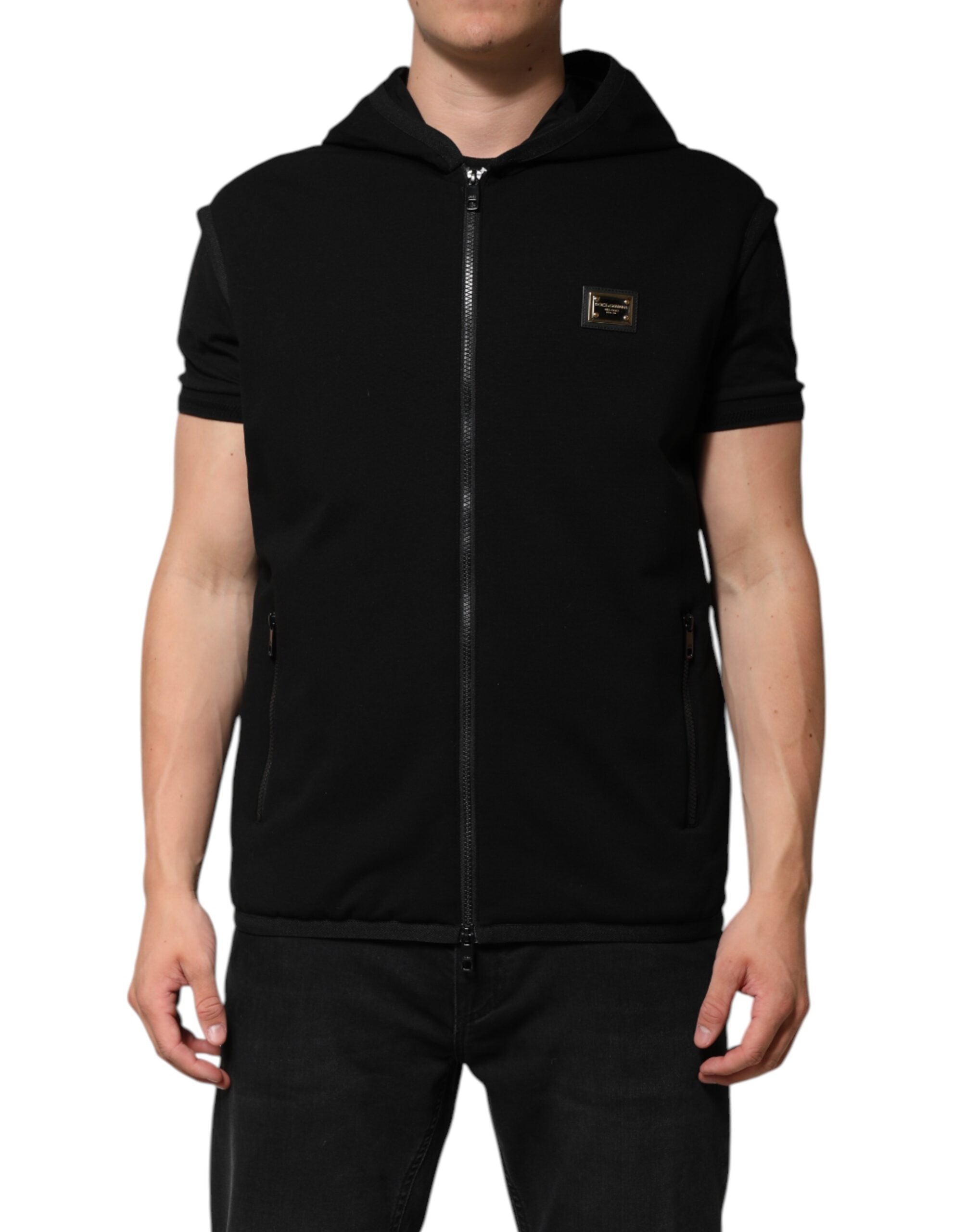 Dolce & Gabbana black sleeveless jacket with hood and logo plaque-1