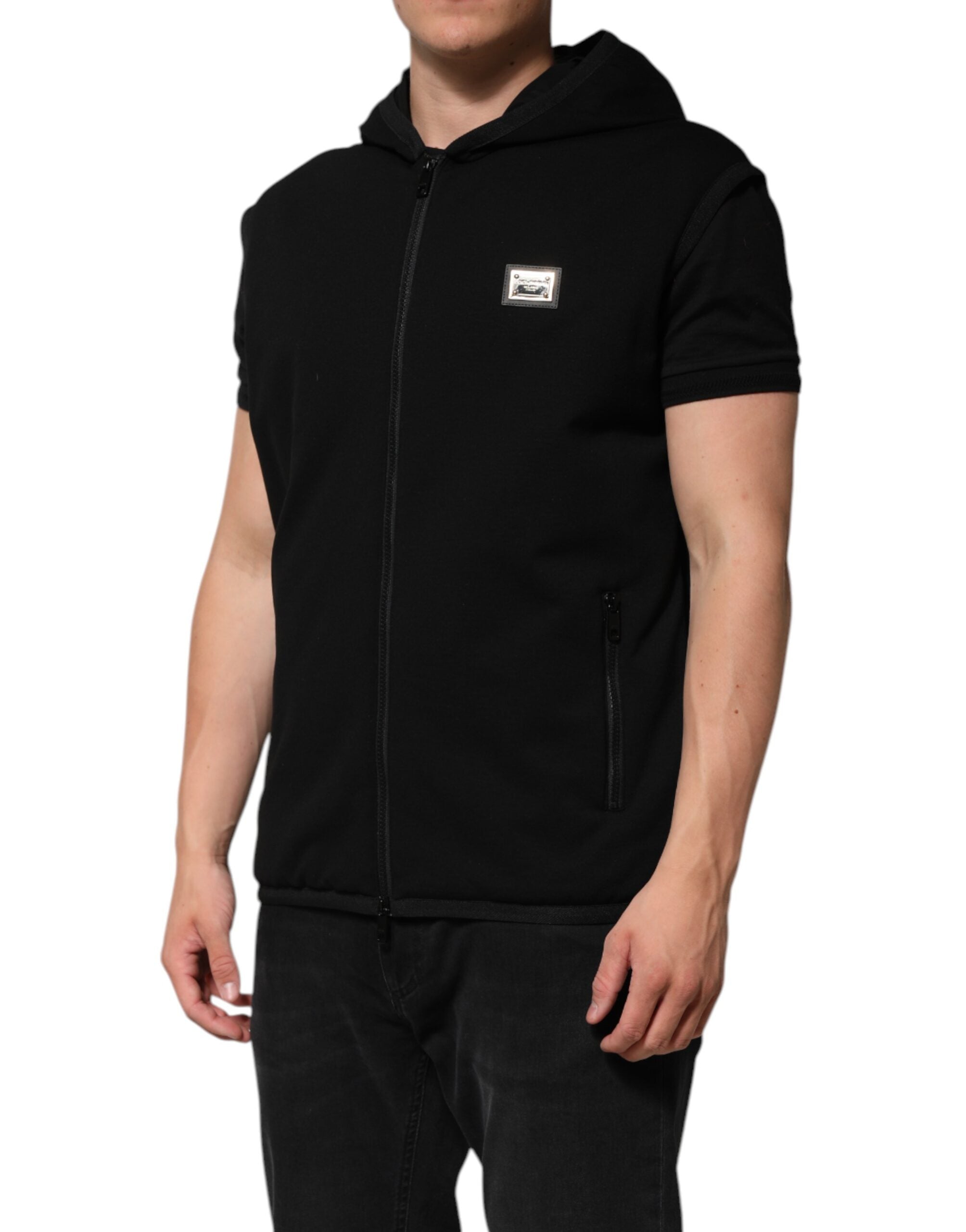 Dolce & Gabbana black sleeveless jacket with hood and logo plaque-3