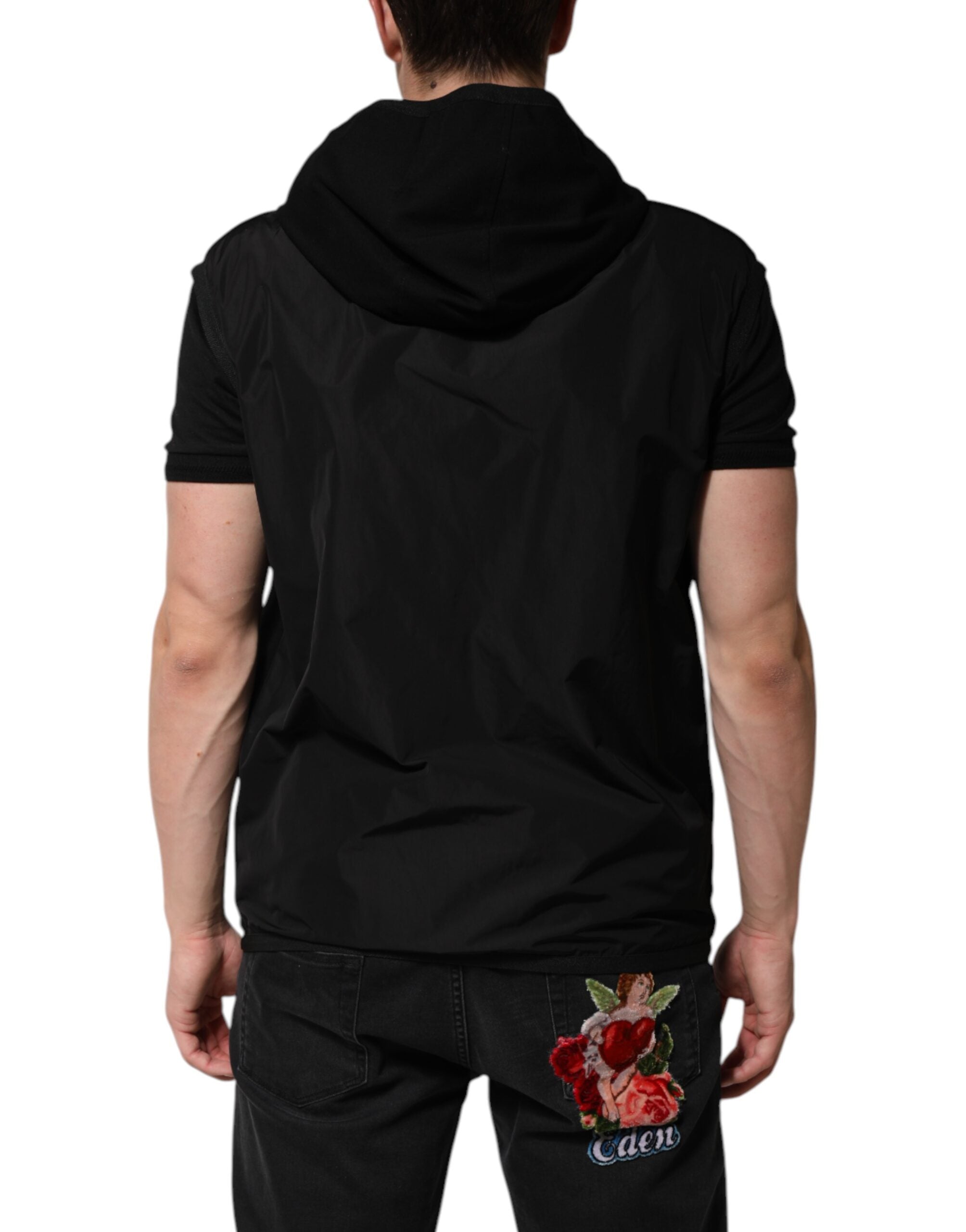Dolce & Gabbana black sleeveless jacket with hood and logo plaque-4