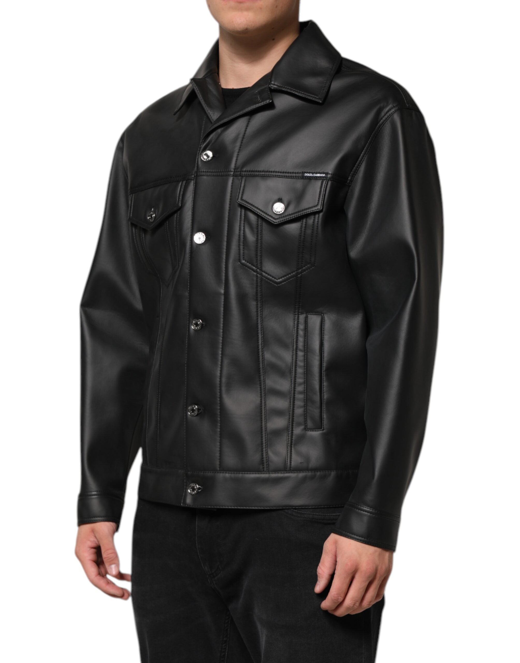 Dolce & Gabbana Black polyester biker jacket with button closure-3