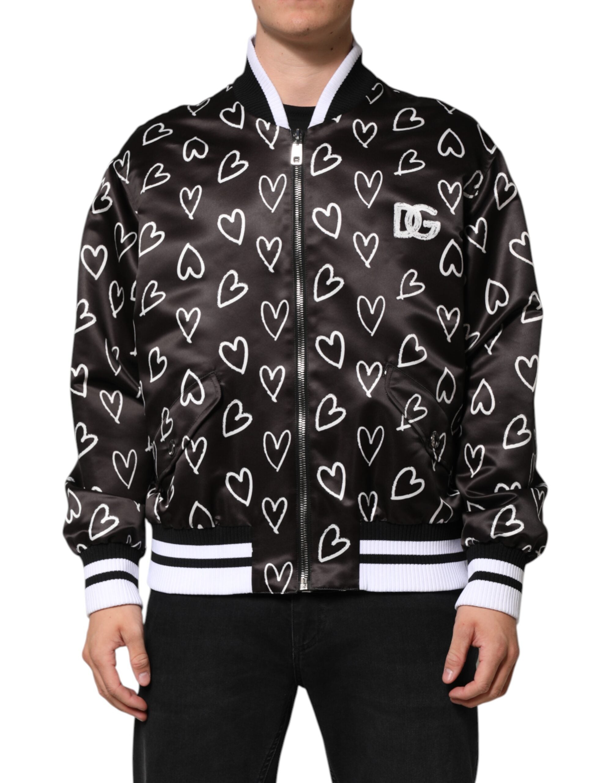 Dolce & Gabbana black polyester bomber jacket with heart print