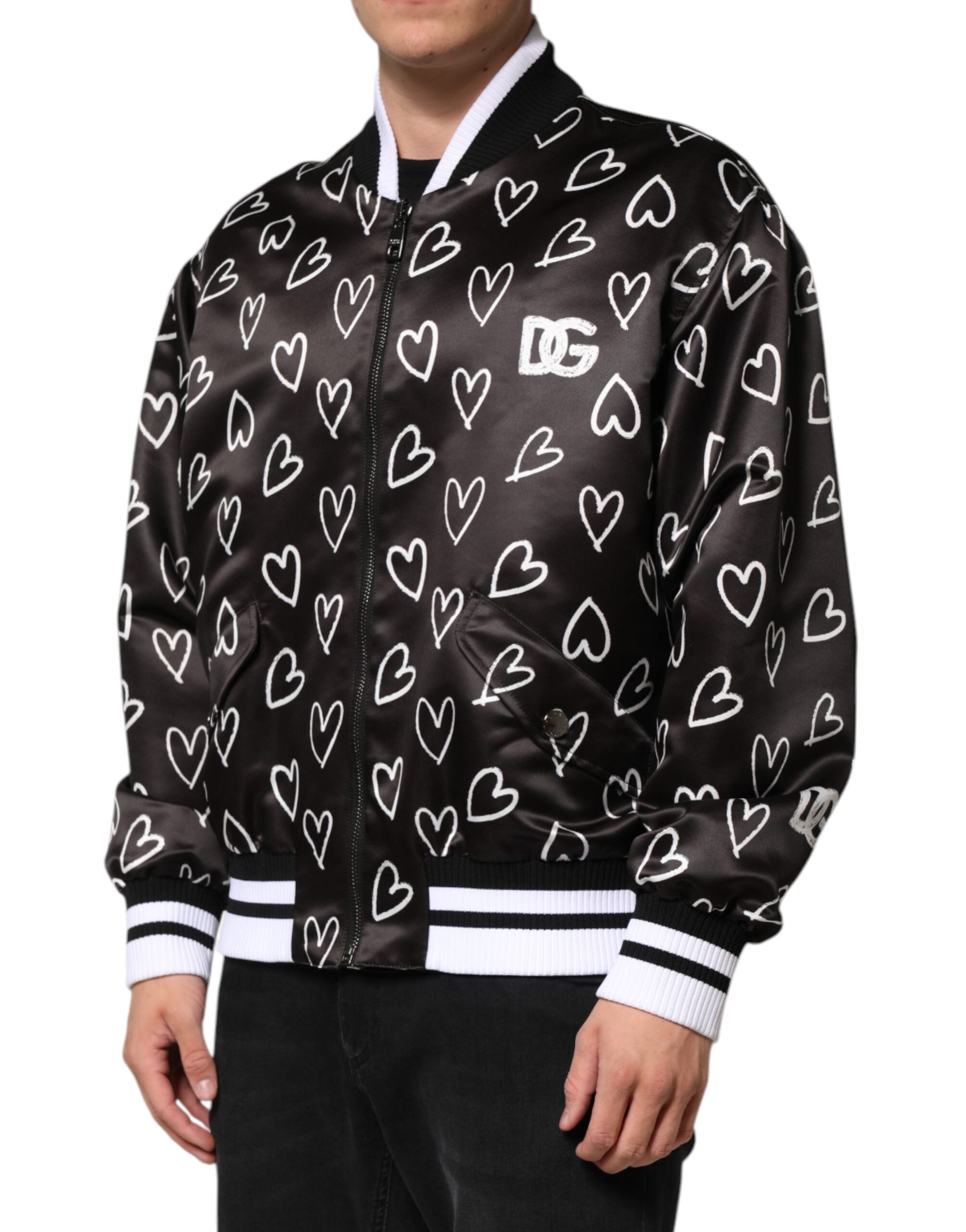 Dolce & Gabbana black polyester bomber jacket with heart print-3