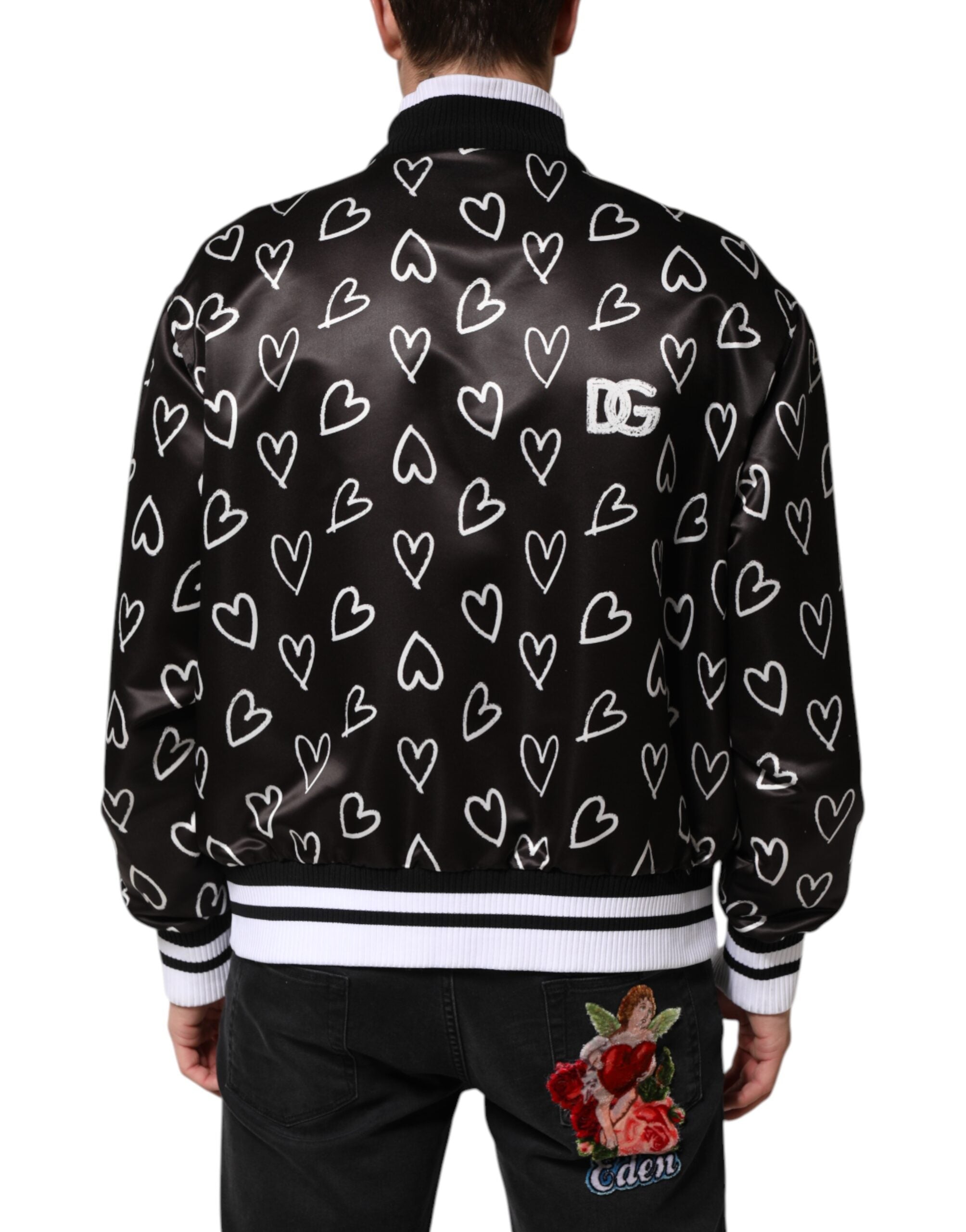Dolce & Gabbana black polyester bomber jacket with heart print-4