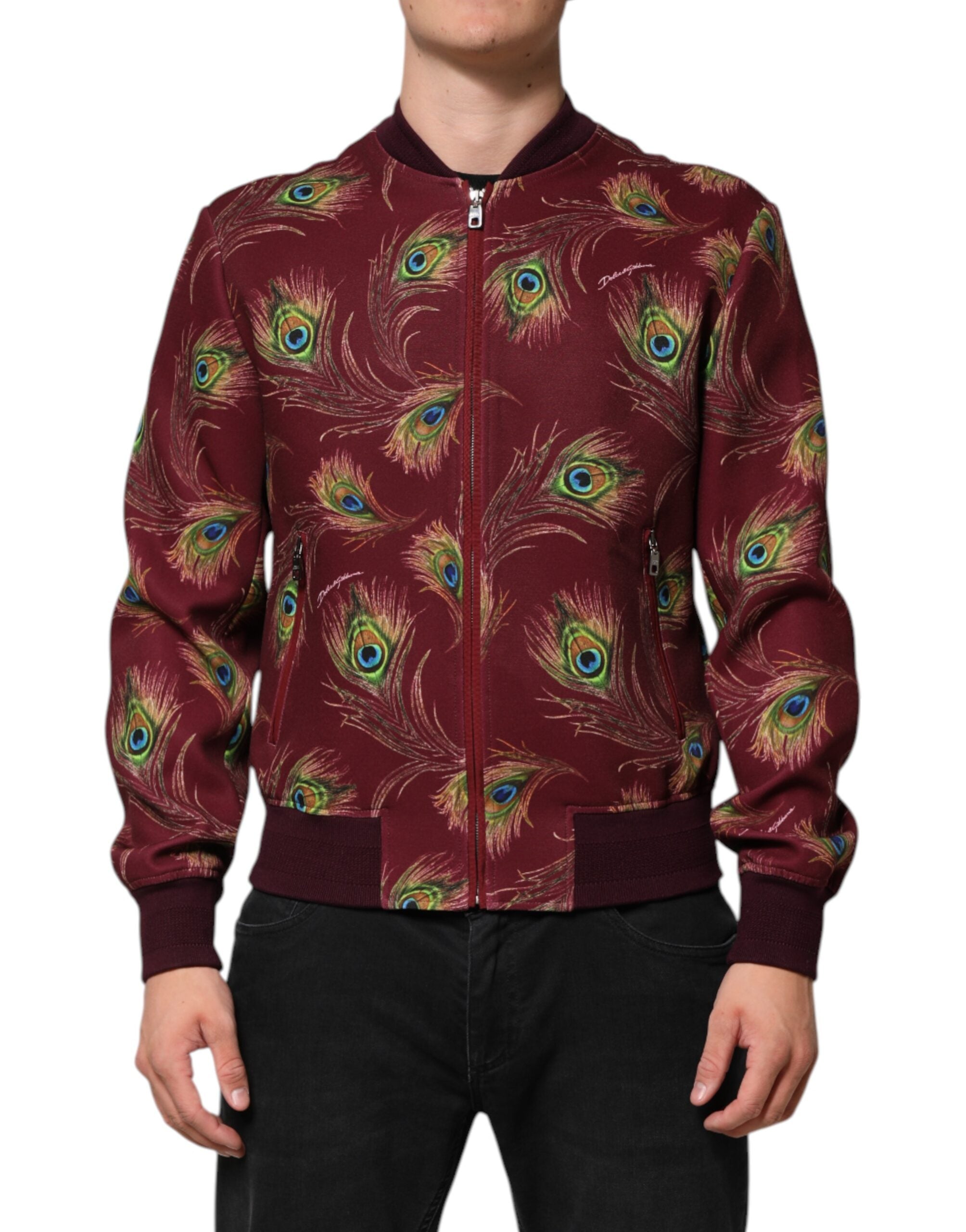 Dolce & Gabbana chestnut brown bomber jacket with peacock feathers