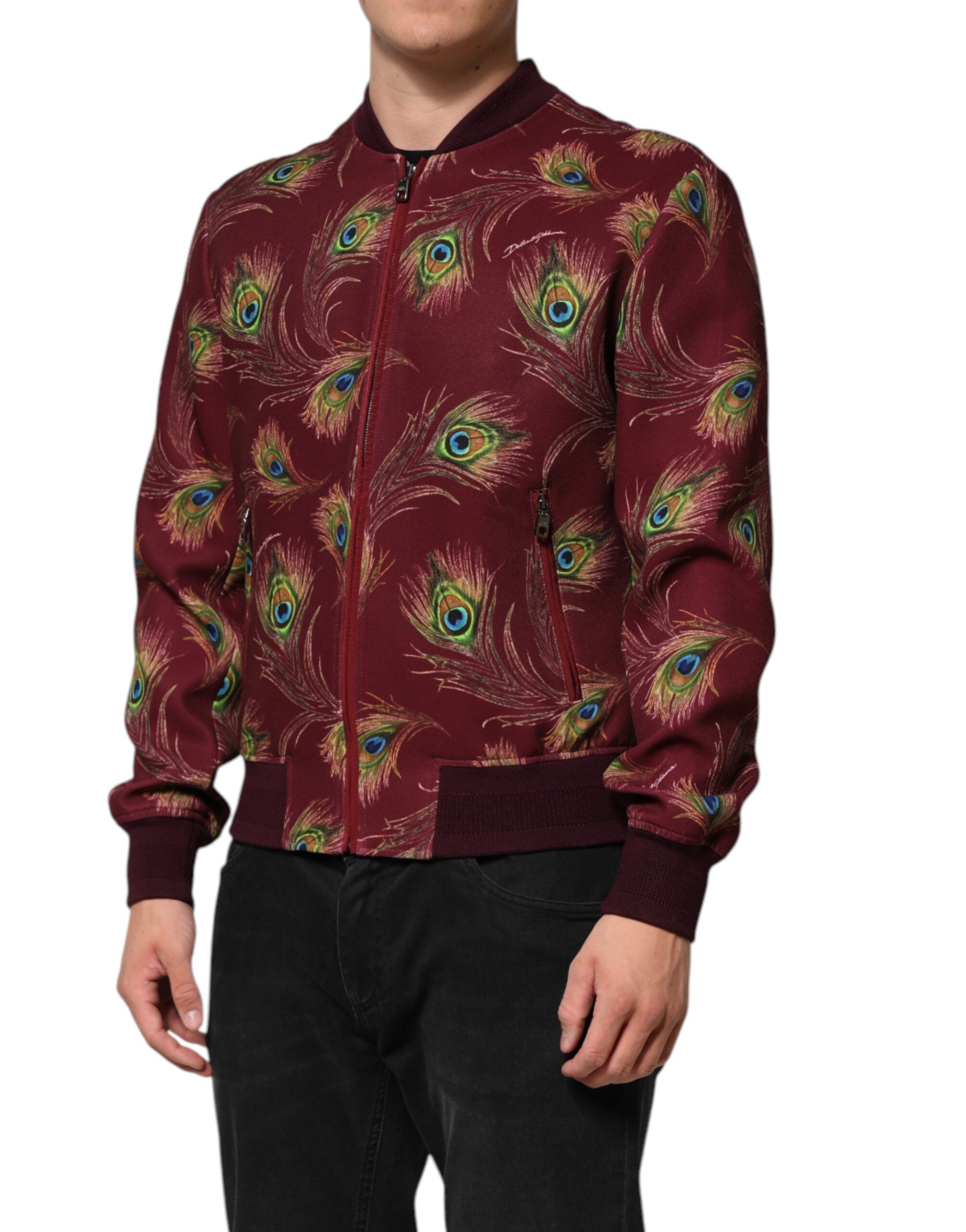 Chaqueta bomber marrón castaño con plumas de pavo real de Dolce & Gabbana-3