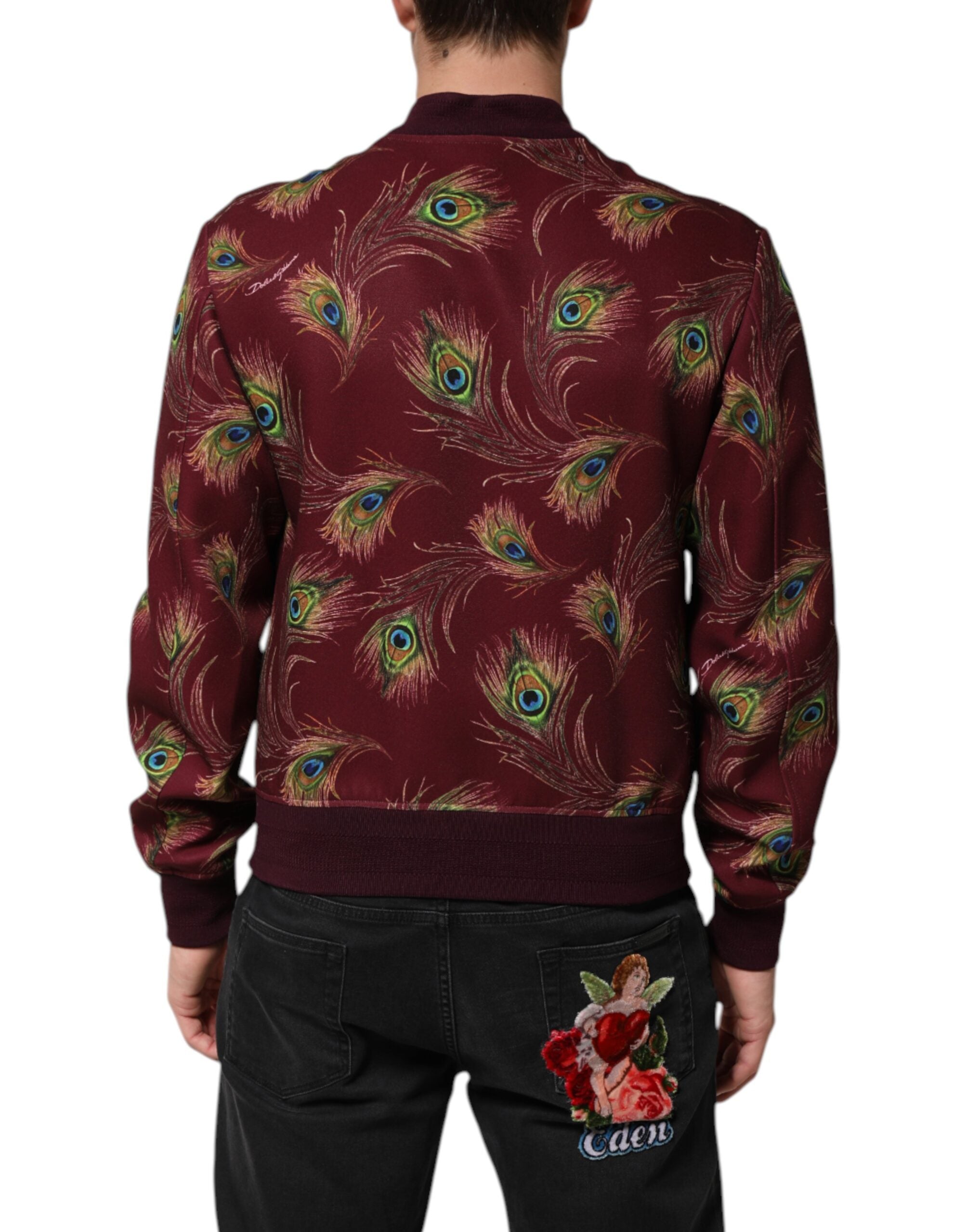 Chaqueta bomber marrón castaño con plumas de pavo real de Dolce & Gabbana-4