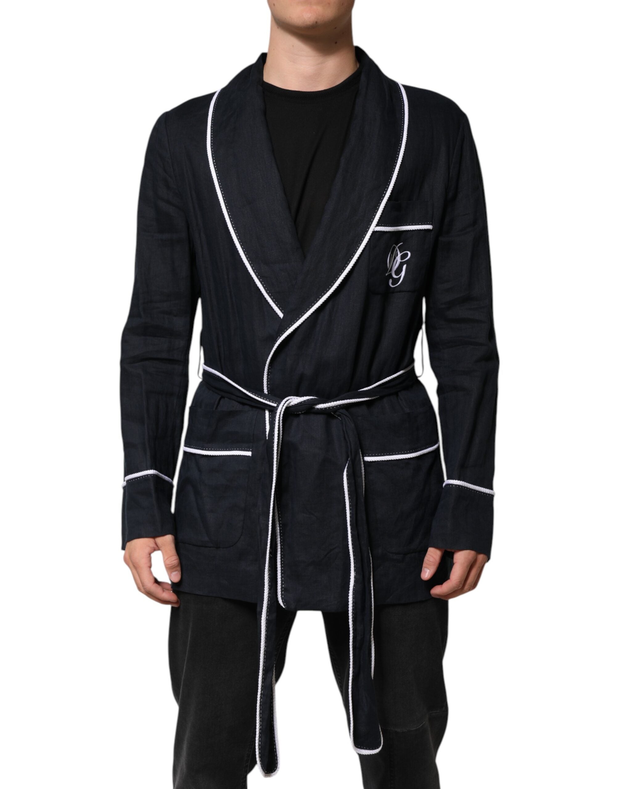 Dolce & Gabbana Dark Blue DG Embroidered Jacket Robe Blazer-2