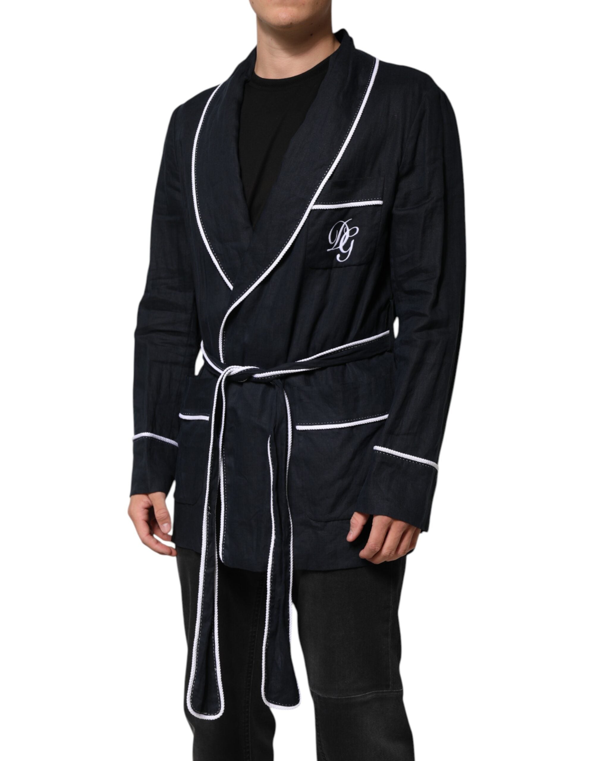 Dolce & Gabbana Dark Blue DG Embroidered Jacket Robe Blazer-3