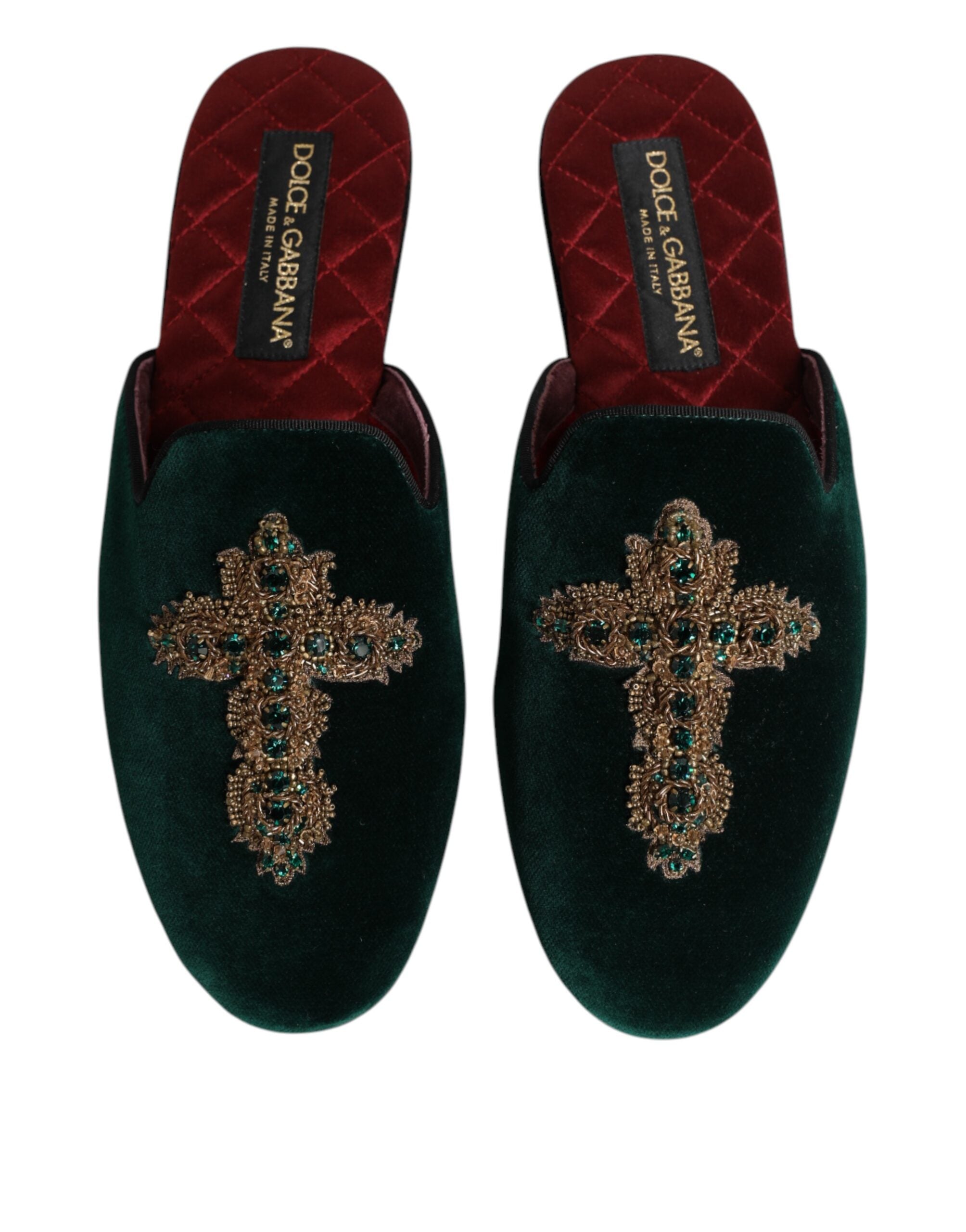 Dolce & Gabbana Grüner Samt Kreuz verschönert Pantoffeln Schuhe-3