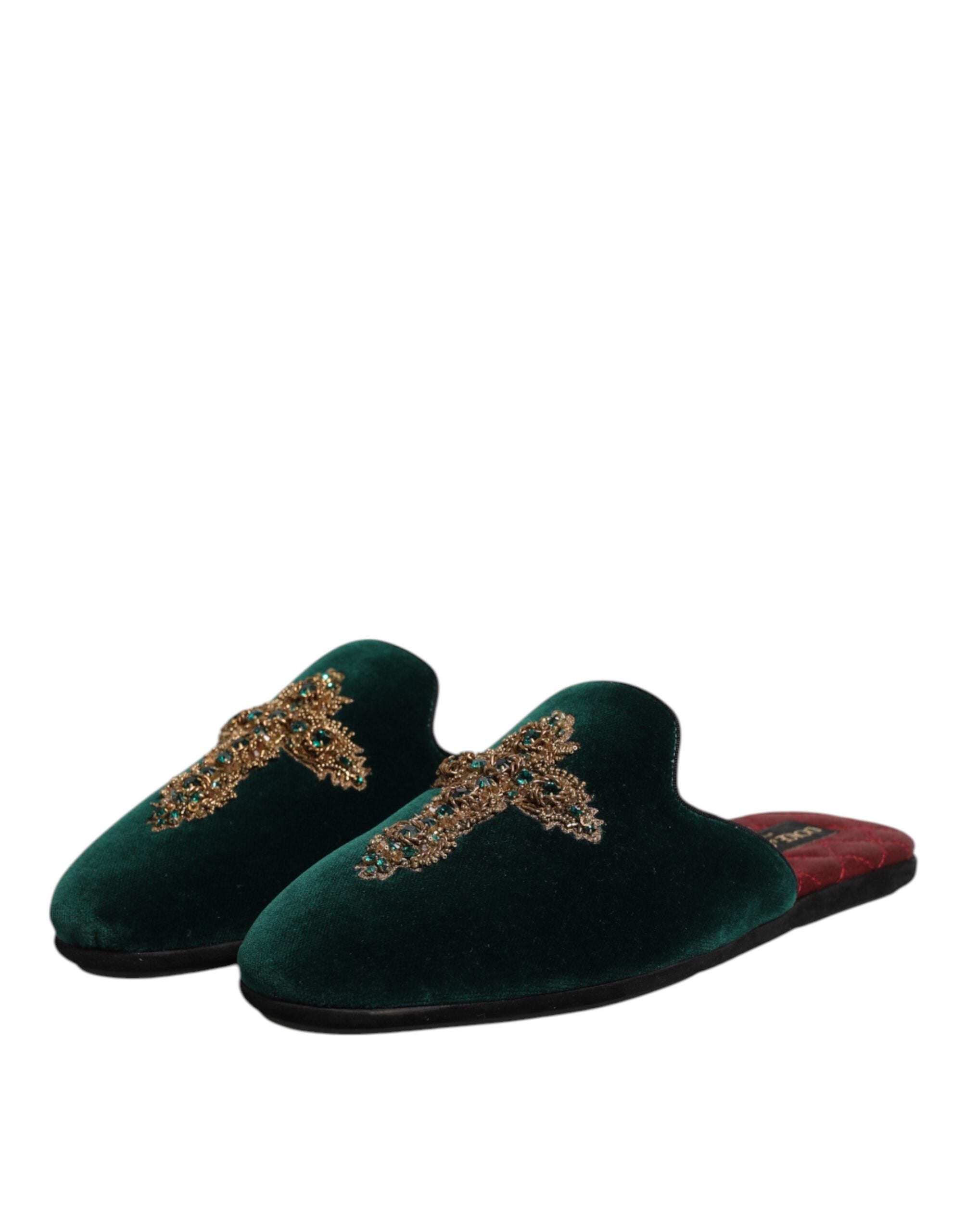 Dolce & Gabbana Grüner Samt Kreuz verschönert Pantoffeln Schuhe-4