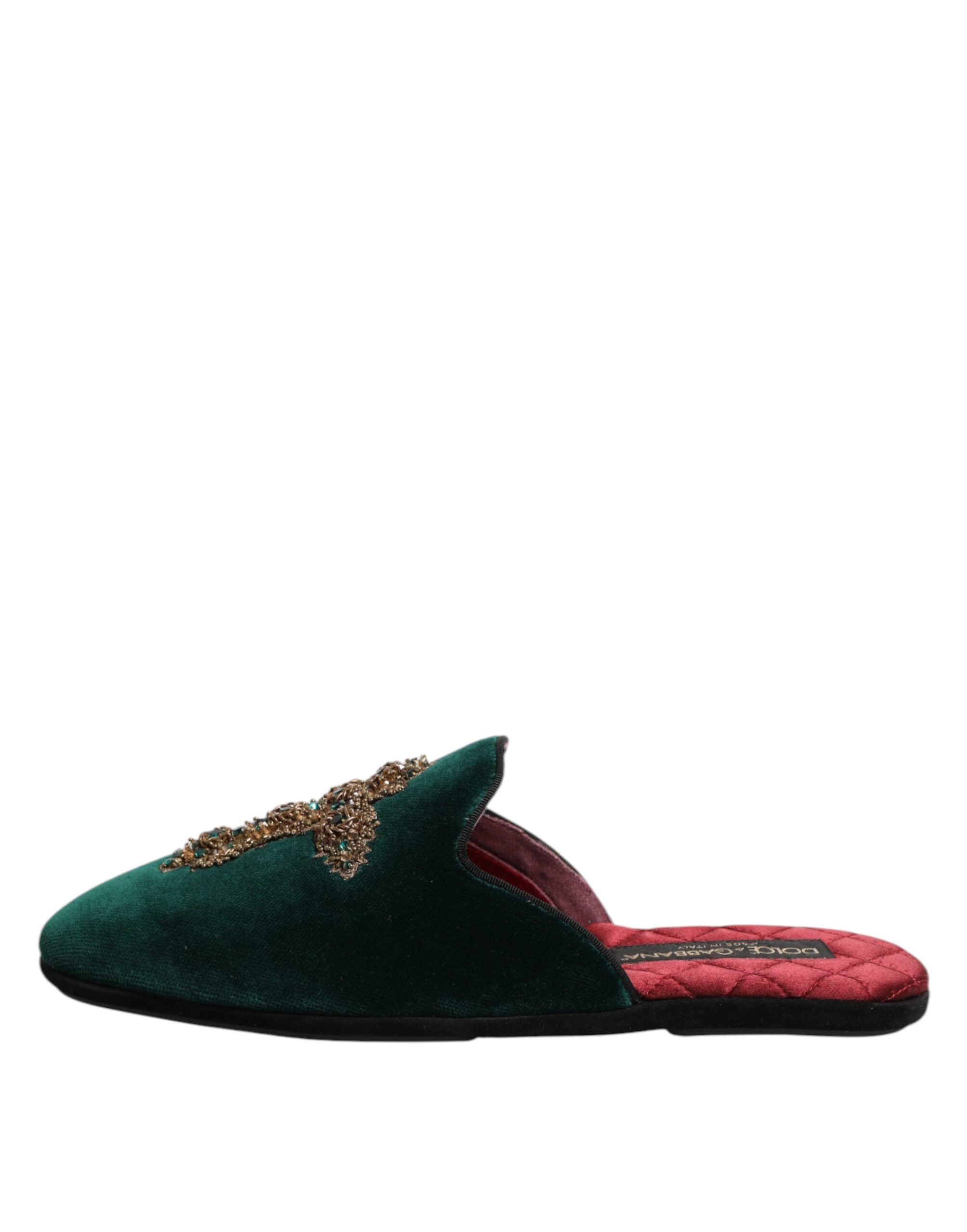 Dolce & Gabbana Grüner Samt Kreuz verschönert Pantoffeln Schuhe-6