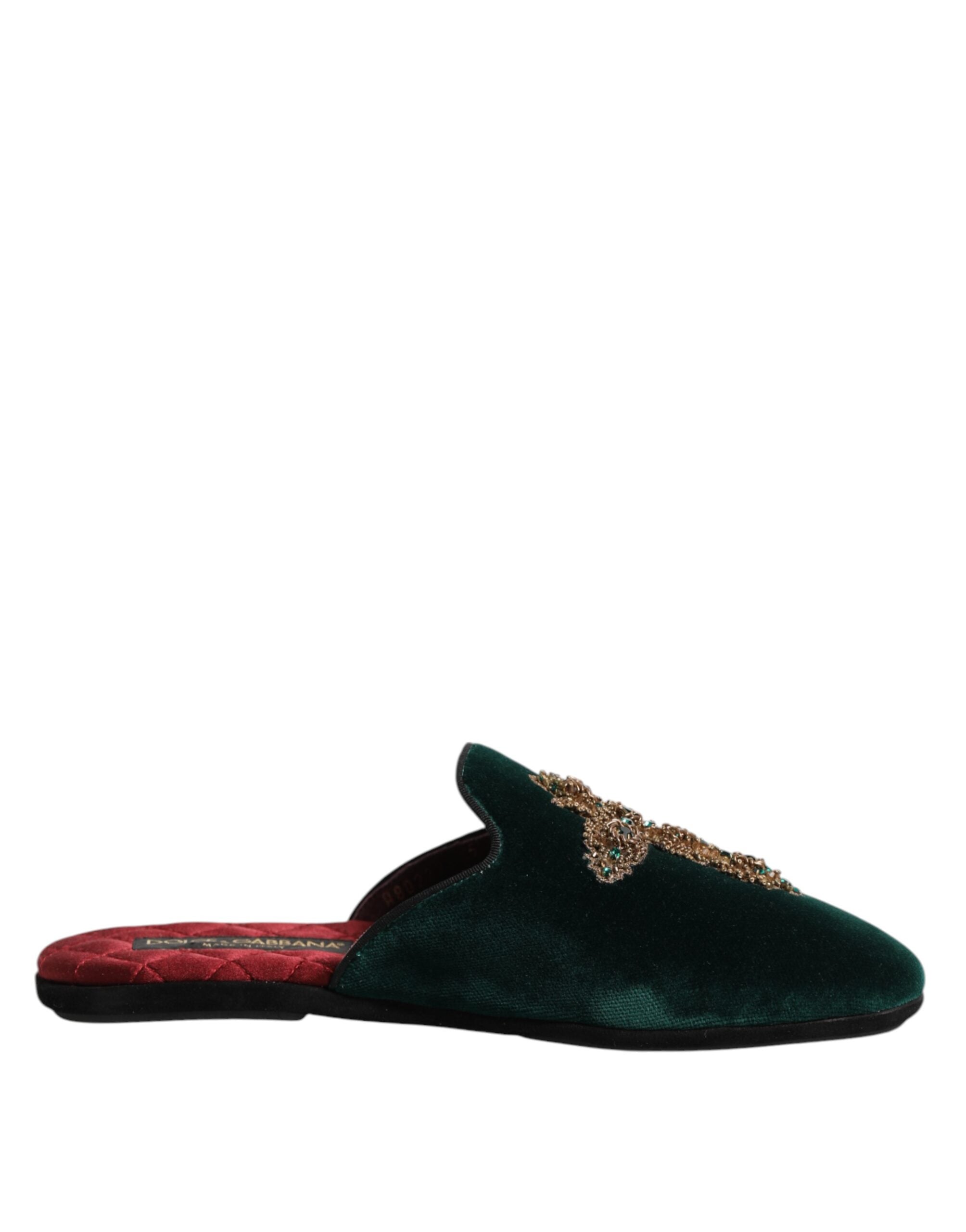 Dolce & Gabbana Grüner Samt Kreuz verschönert Pantoffeln Schuhe-7