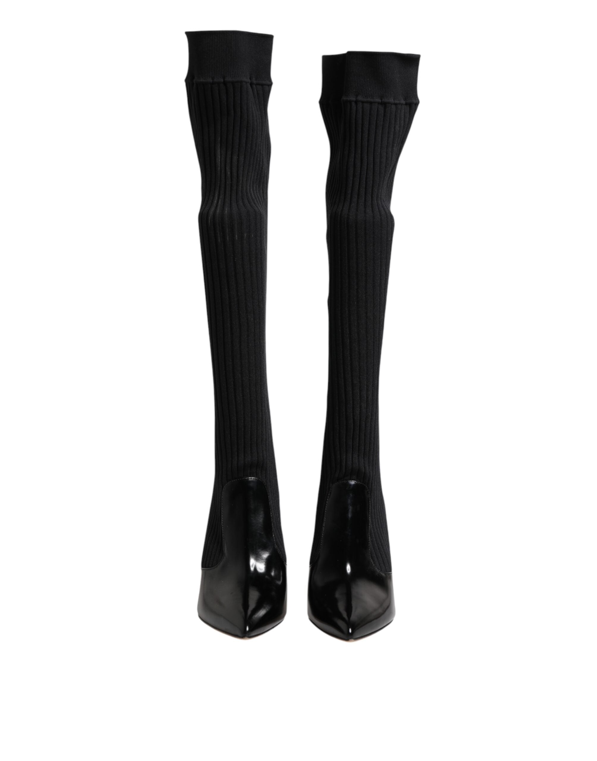 Dolce & Gabbana Black Leather Ribbed Knit Knee-High Boots Shoes-2