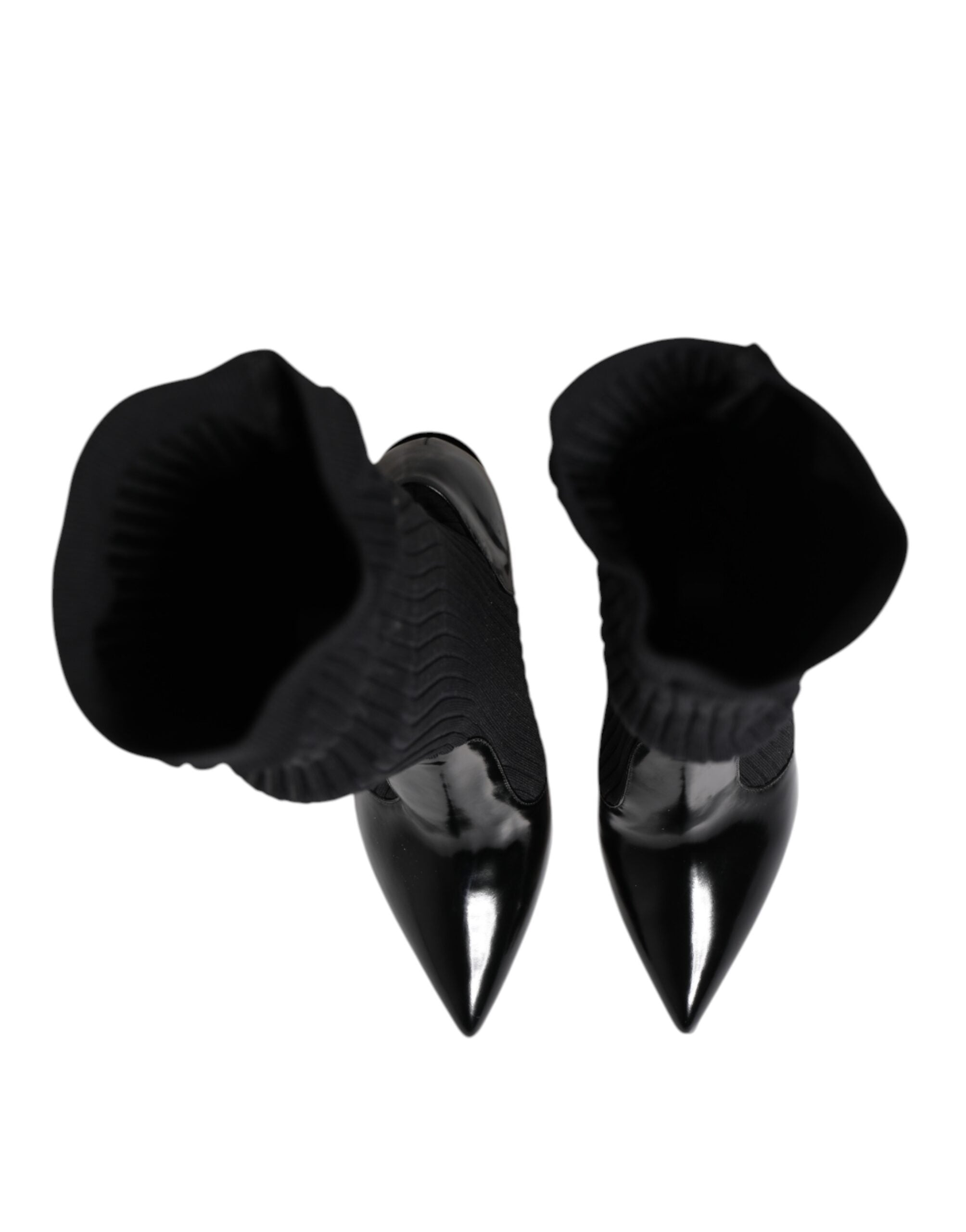 Dolce & Gabbana Black Leather Ribbed Knit Knee-High Boots Shoes-3