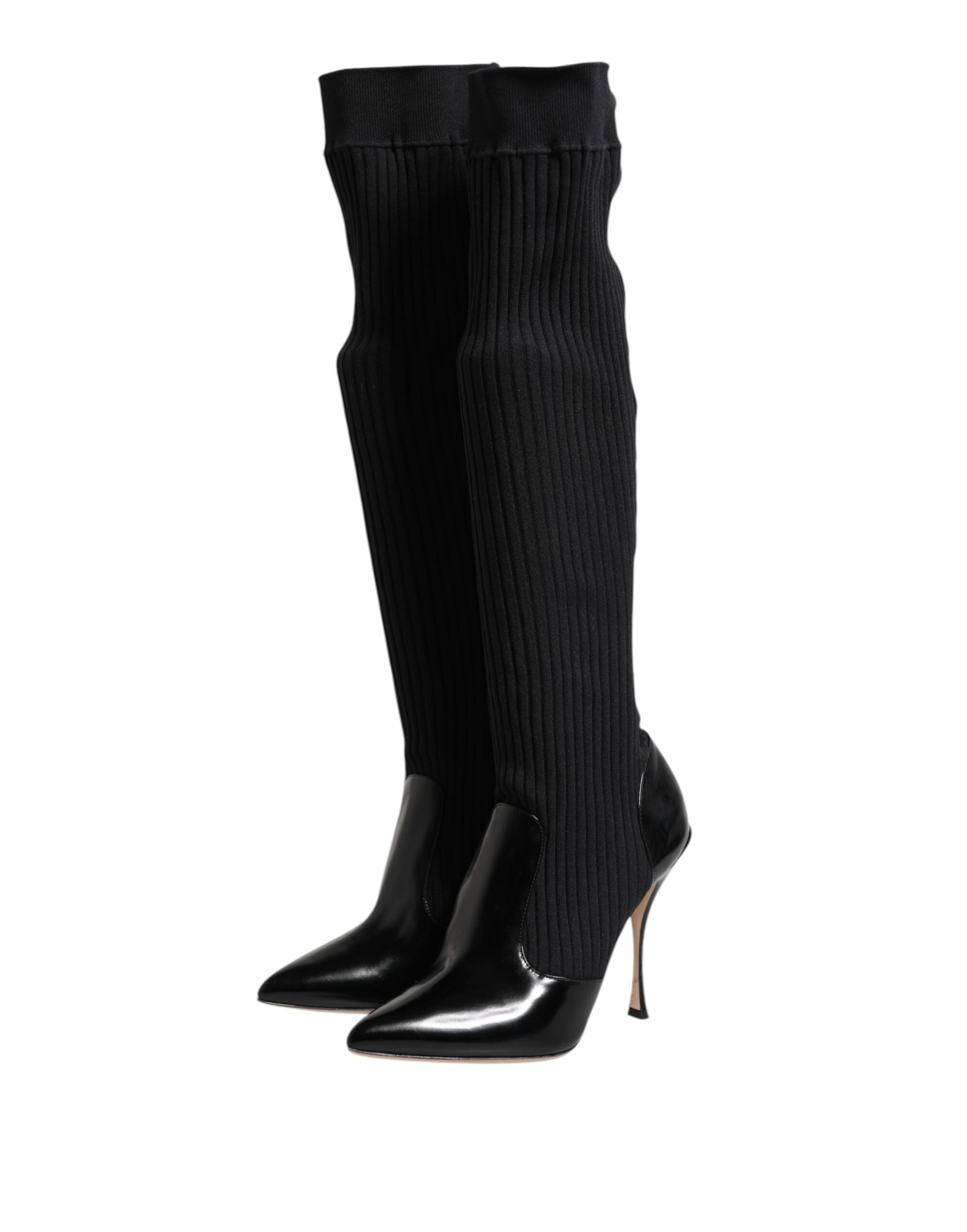 Dolce & Gabbana Black Leather Ribbed Knit Knee-High Boots Shoes-4