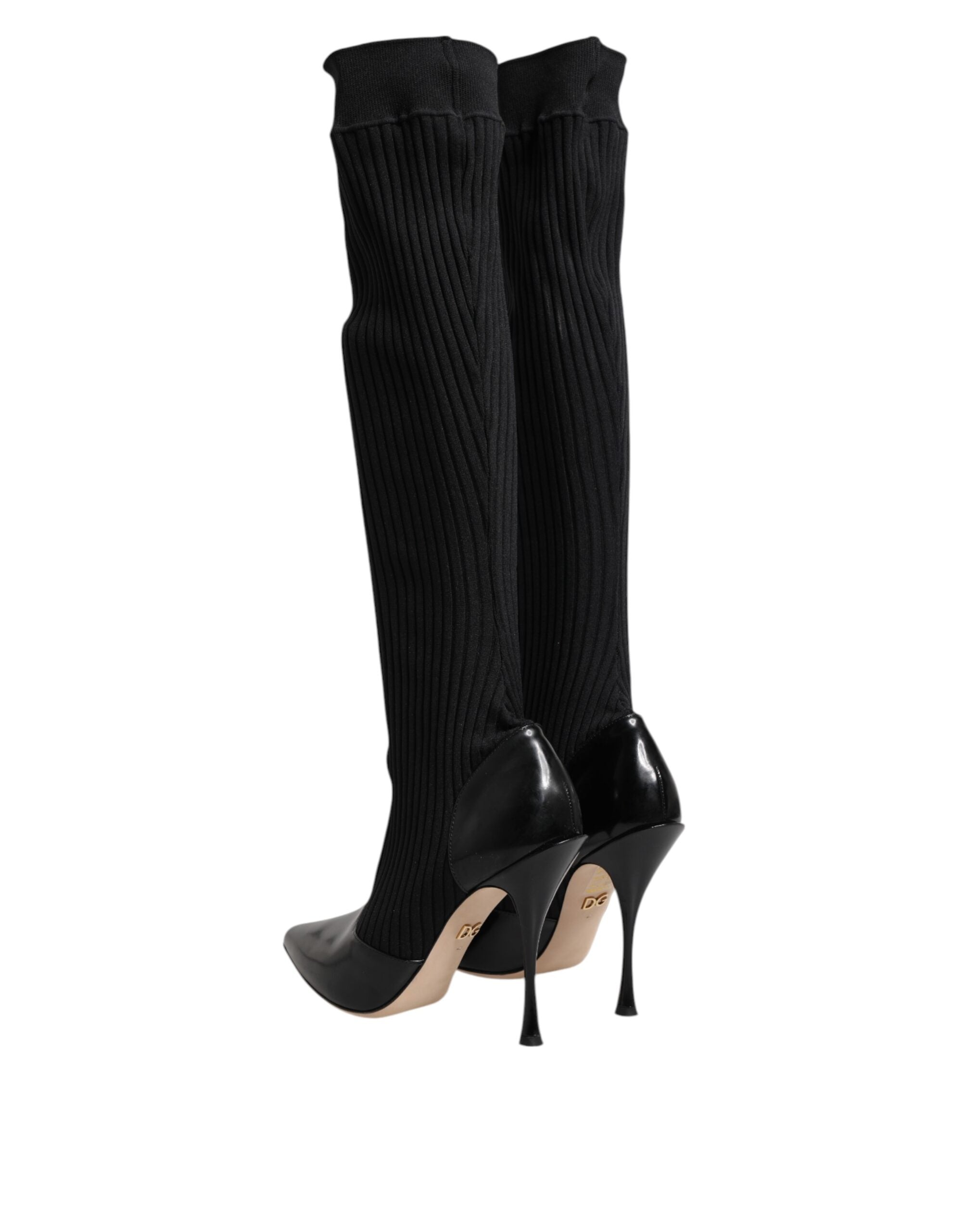 Dolce & Gabbana Black Leather Ribbed Knit Knee-High Boots Shoes-5